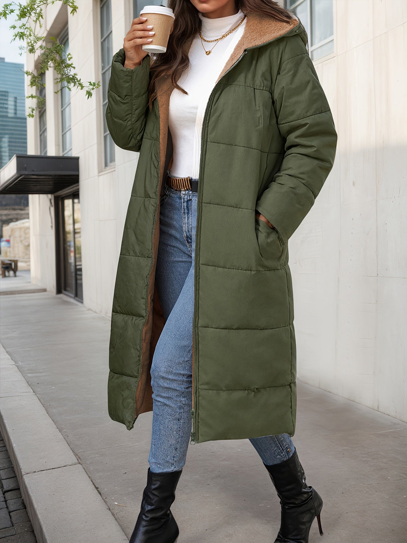 Women's Elegant Plush-Like Quilted Hooded Coat - Long Winter Jacket with Hood