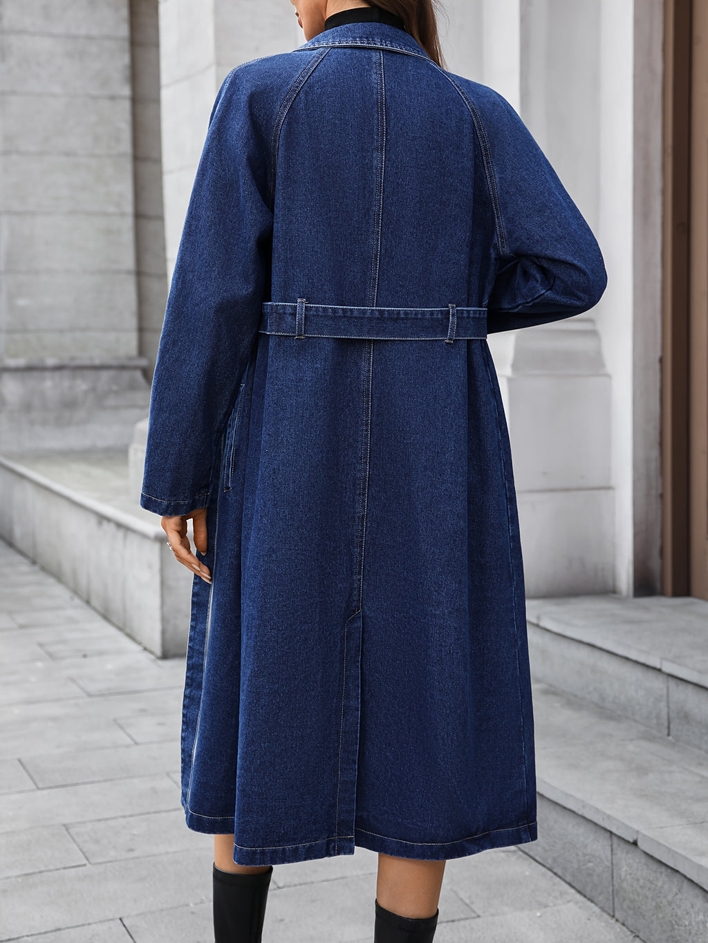 Morin Women's Long Denim Jacket - Elegant Fall/Winter Coat with Belted Waist