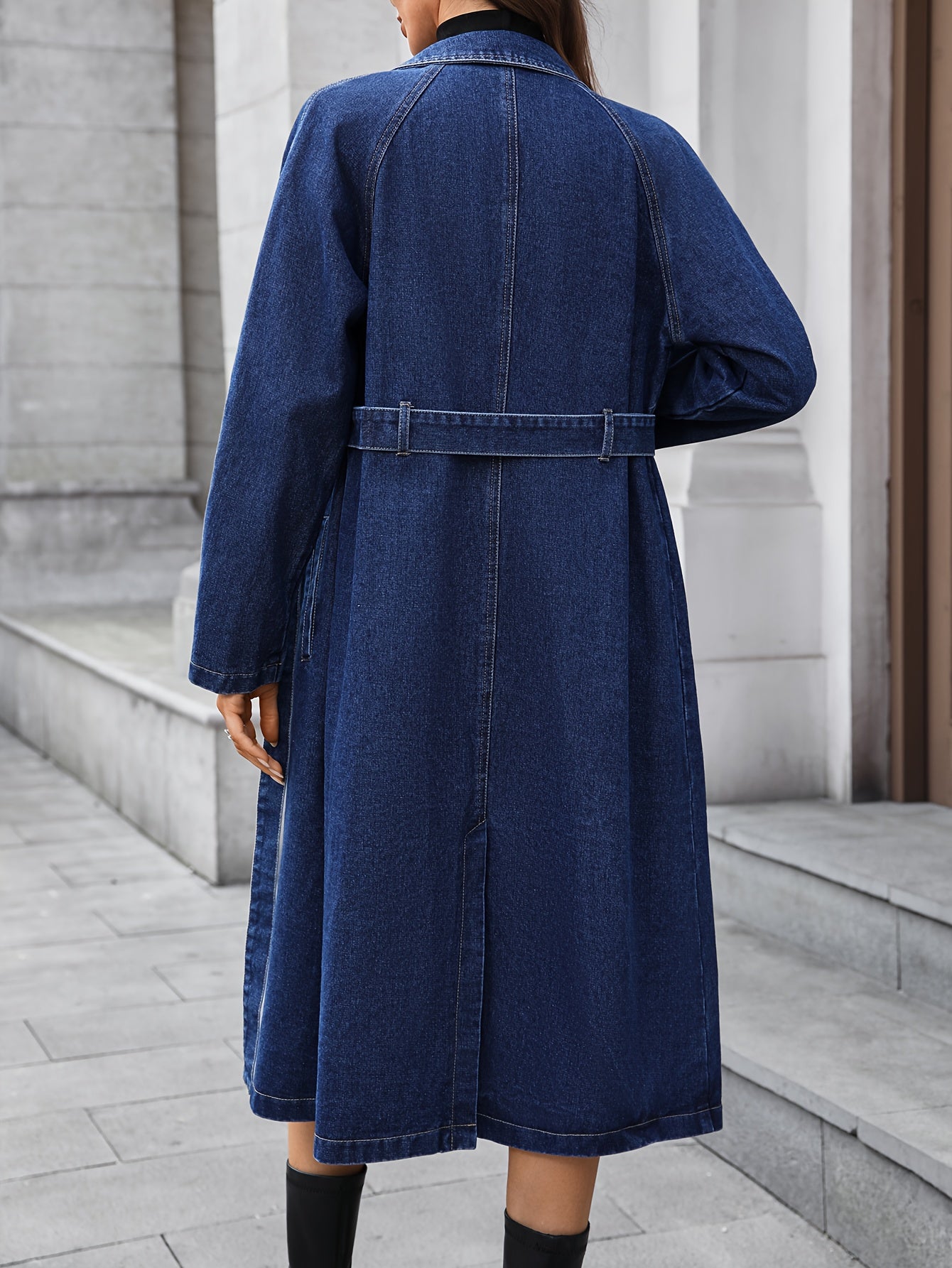 Morin Women's Long Denim Jacket - Elegant Fall/Winter Coat with Belted Waist