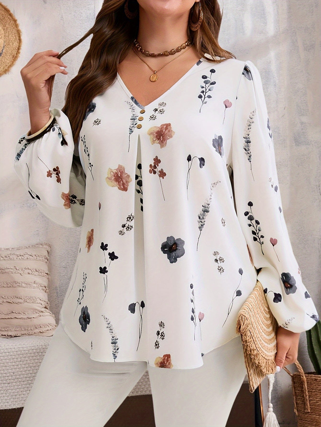 Elegant V Neck Long Sleeve Blouse Plus Size
