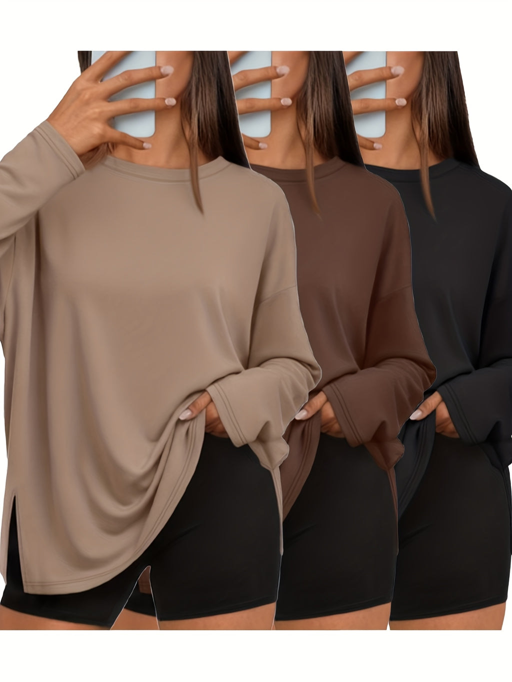 Oversized Three-Piece Women's Comfortable Top Casual Basic Side Slit Shirt Loose