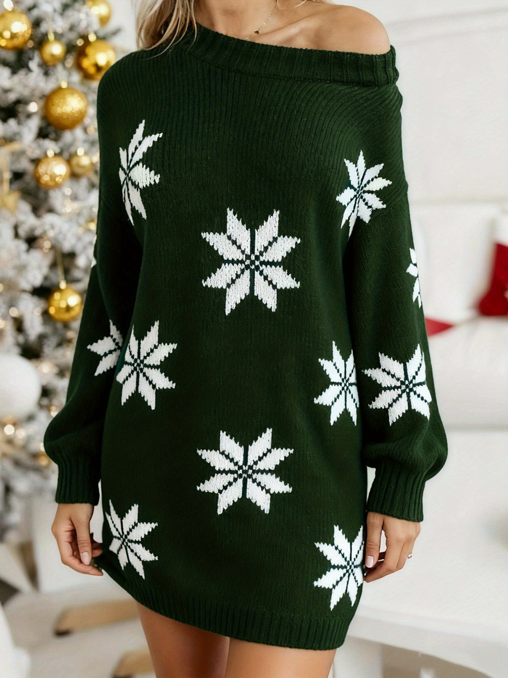 Red & White Snowflake Winter Dress Christmas Day Loose-Fit Poinsettia Smock Sleeve Mid-Length Dress