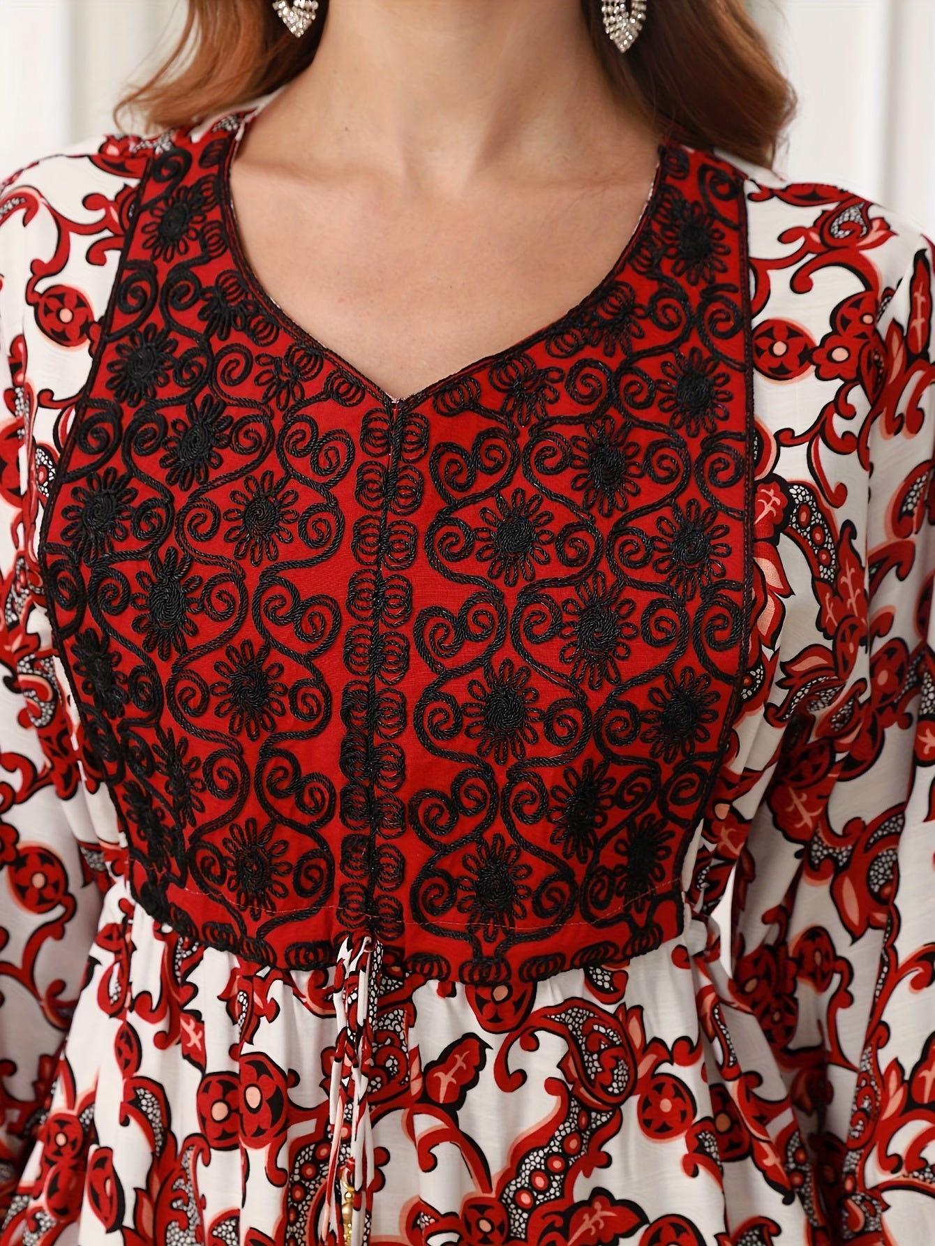 Elegant Floral Print Midi Dress with Beaded Tie-Waist and Ruffle Hem