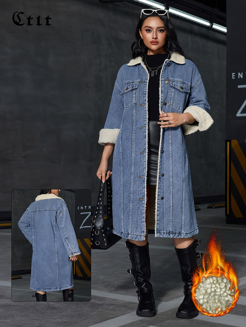 Women's Vintage Washed Denim Jacket - Thickened Winter Coat with Beltless Lapel Collar, Long Sleeve