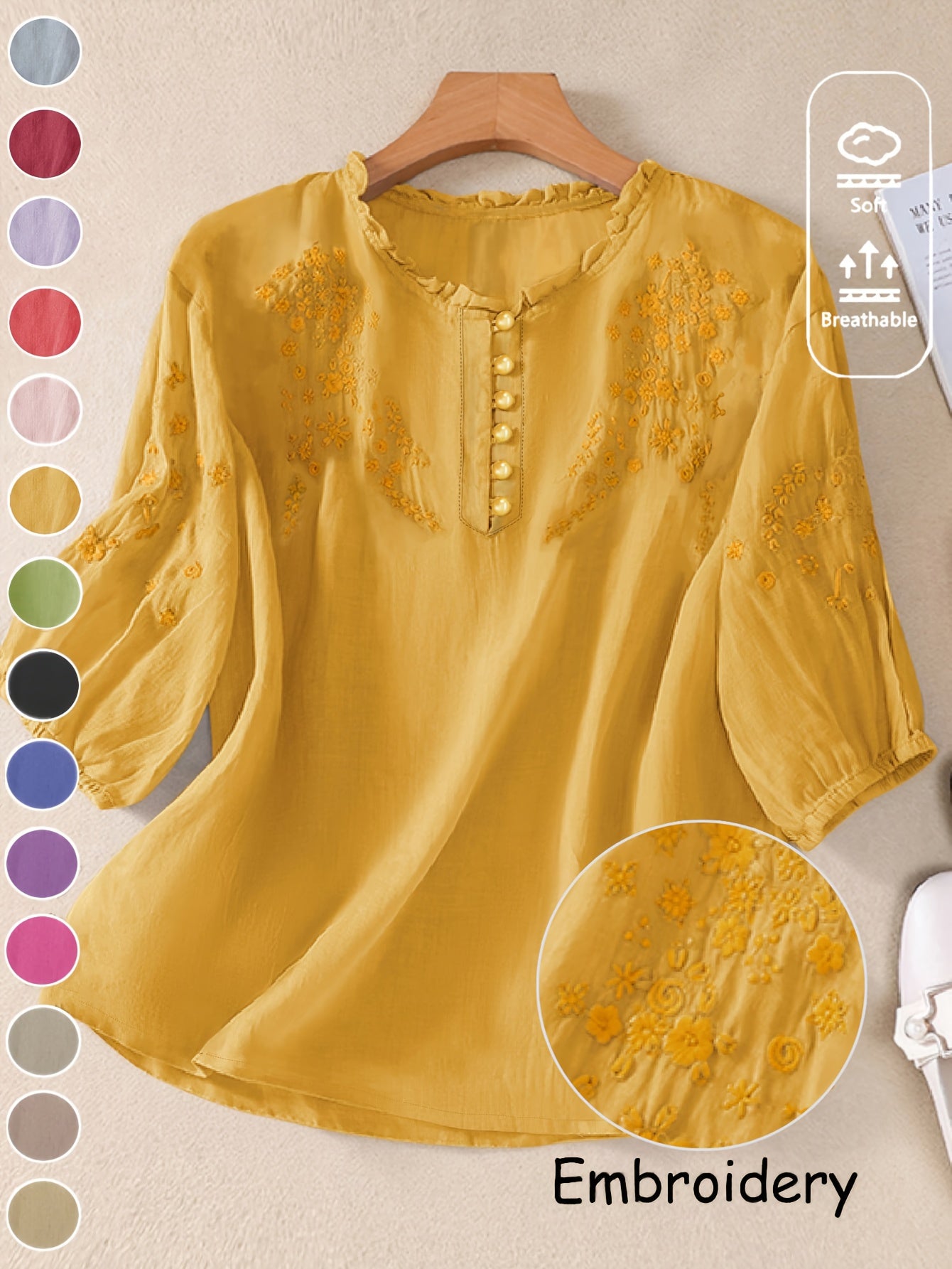 Women's Spring/Summer Embroidered Loose Fit Retro Mid-Sleeve Blouse