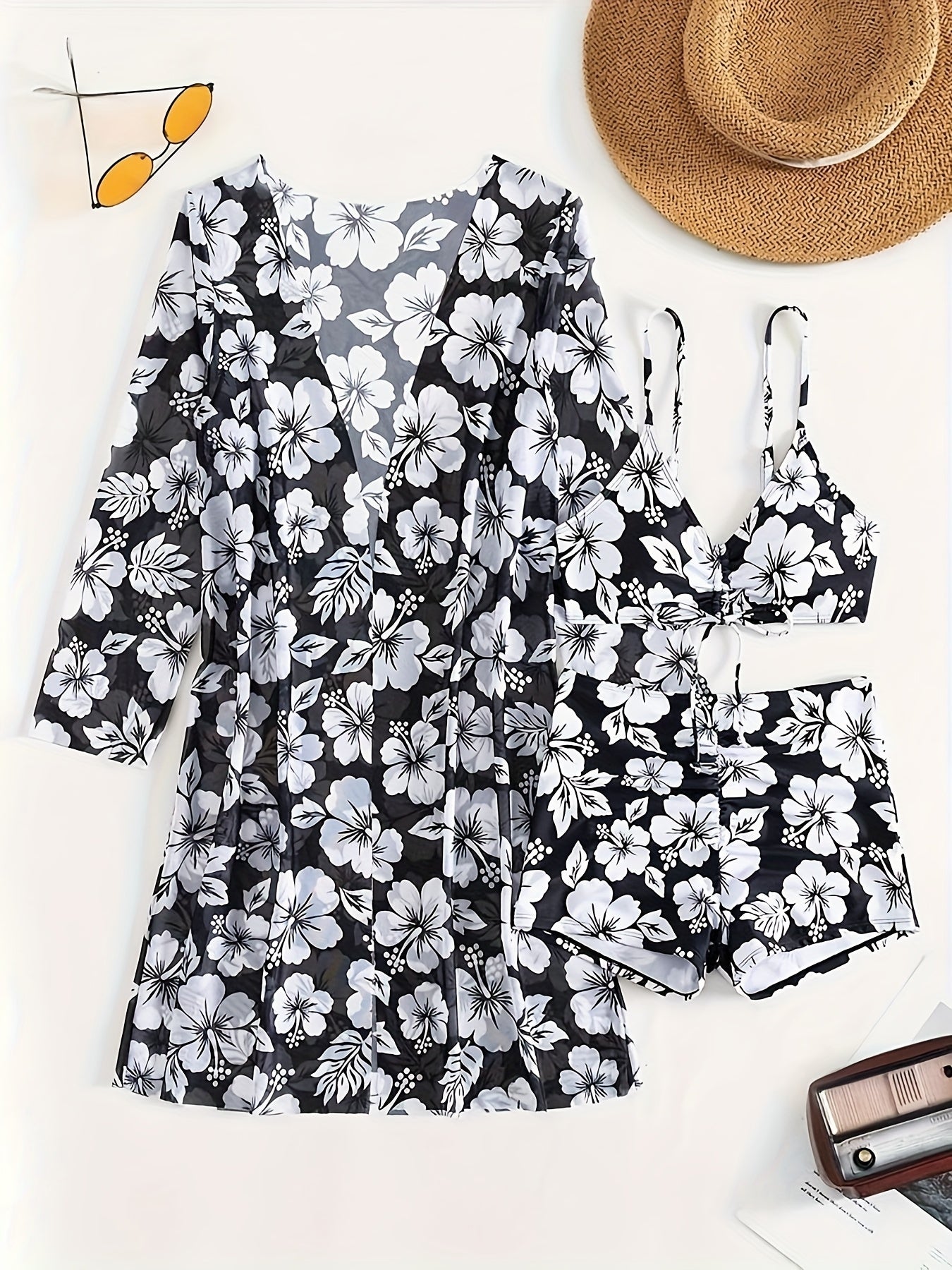 Floral Print Bikini Set with Cover-Up, Long Sleeve
