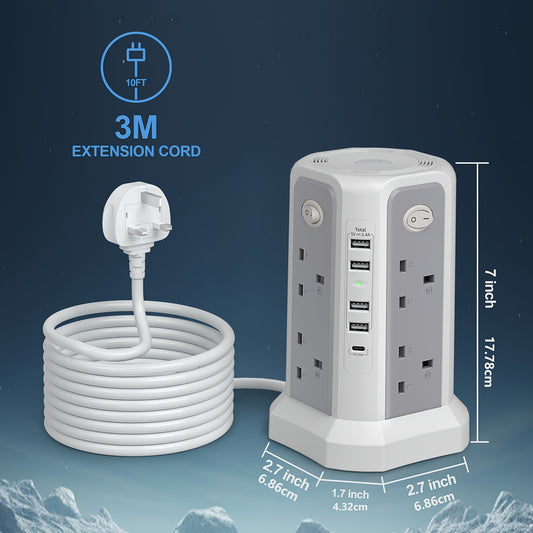 2-Story Tower Power Supply with 8 AC Sockets, 4 USB Ports, 1 USB-C PD20W Fast Charging