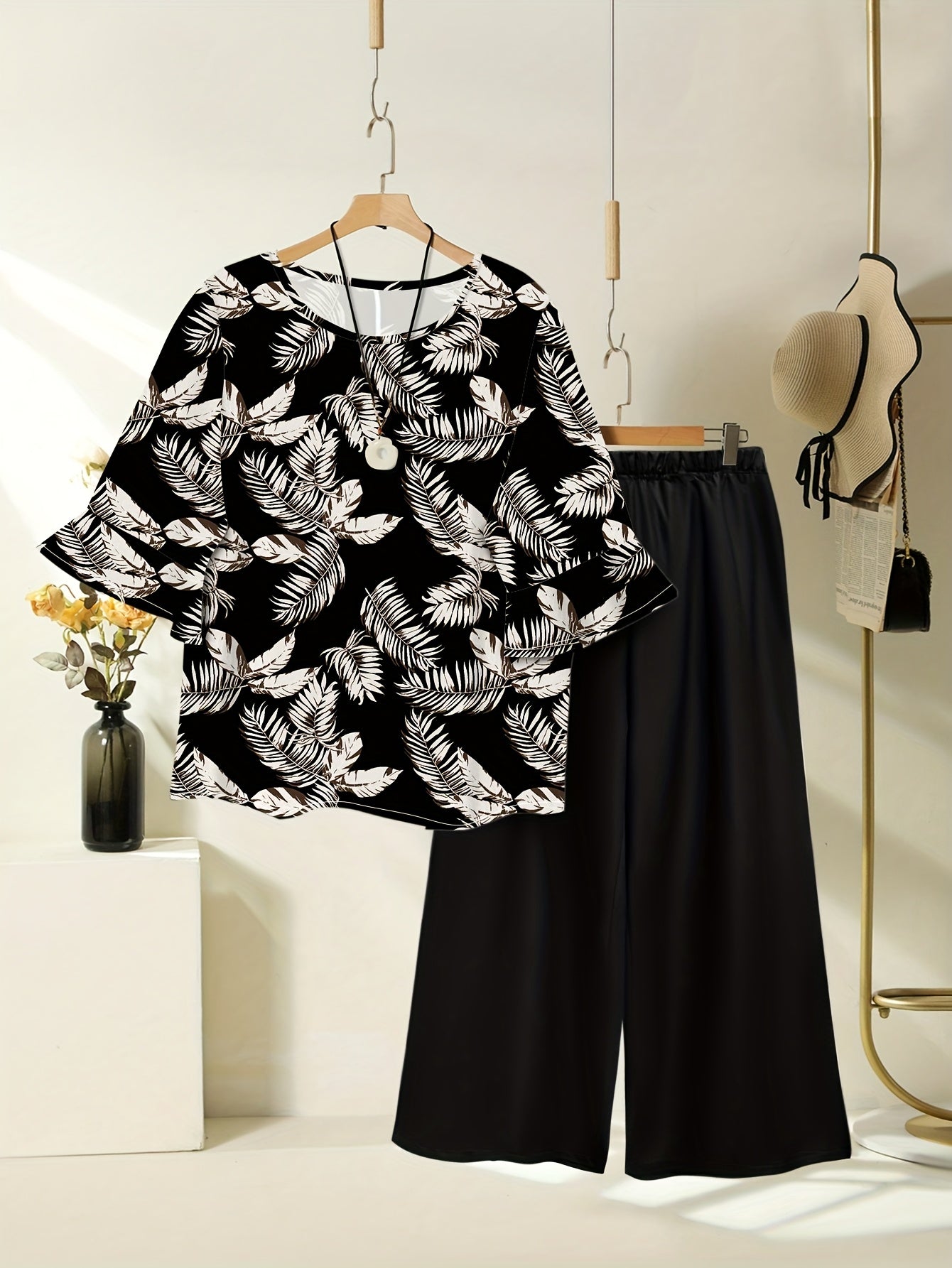 Women's Spring/Summer Floral Print Short Sleeve Top + Solid Color Elastic Waist Loose Wide Leg Pants
