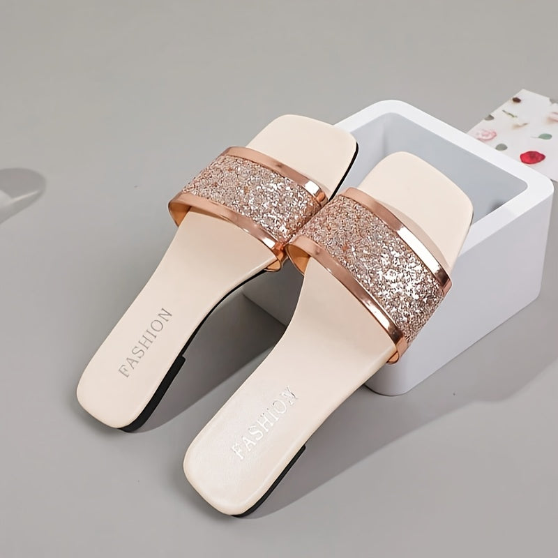Women's Slip-On Flat Sandals with Golden-Rimmed Embossed Design
