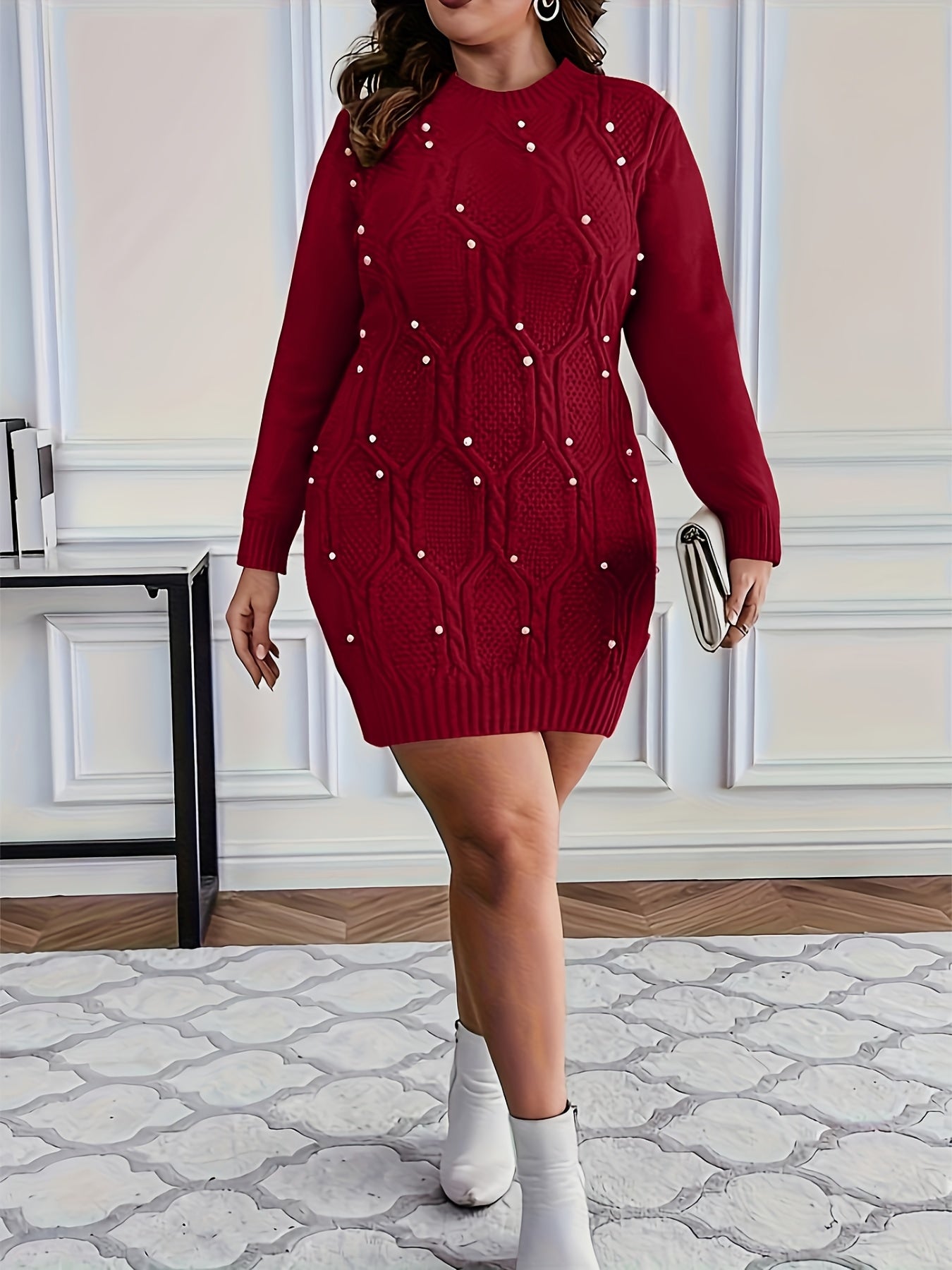 Women's Plus Size Burgundy Pearl-Adorned Oversized Sweater Dress Christmas Party New Year