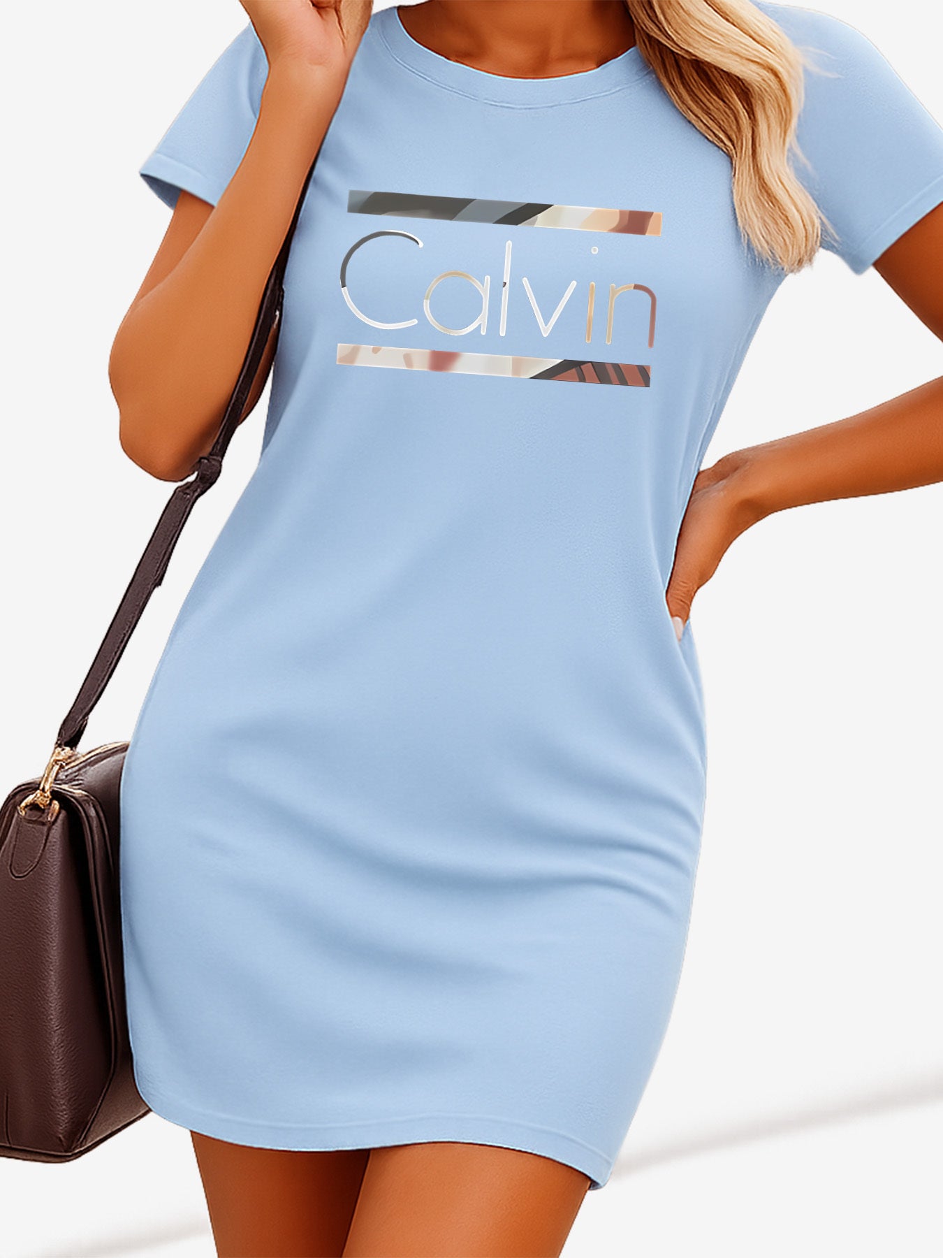 Women'S Plus Size "Calvin" Graphic T-Shirt Dress - Soft Stretch Fabric, Short Sleeve, Round Neck, Pink Casual Summer Dress for Casual Attire,