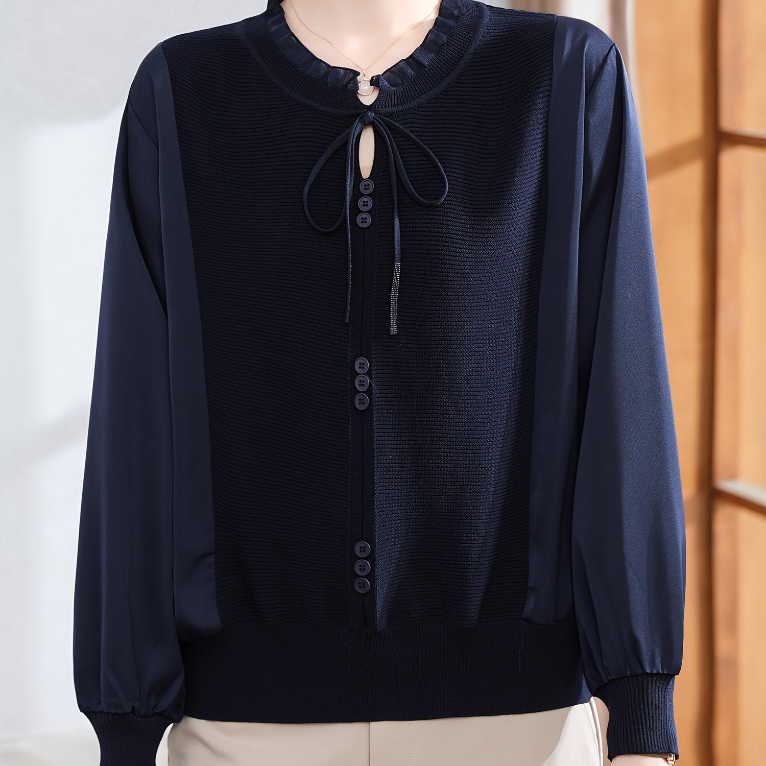 Women's Long-Sleeve Blouse - Age-Defying Tunic Top, Beige-Friendly & Breathable