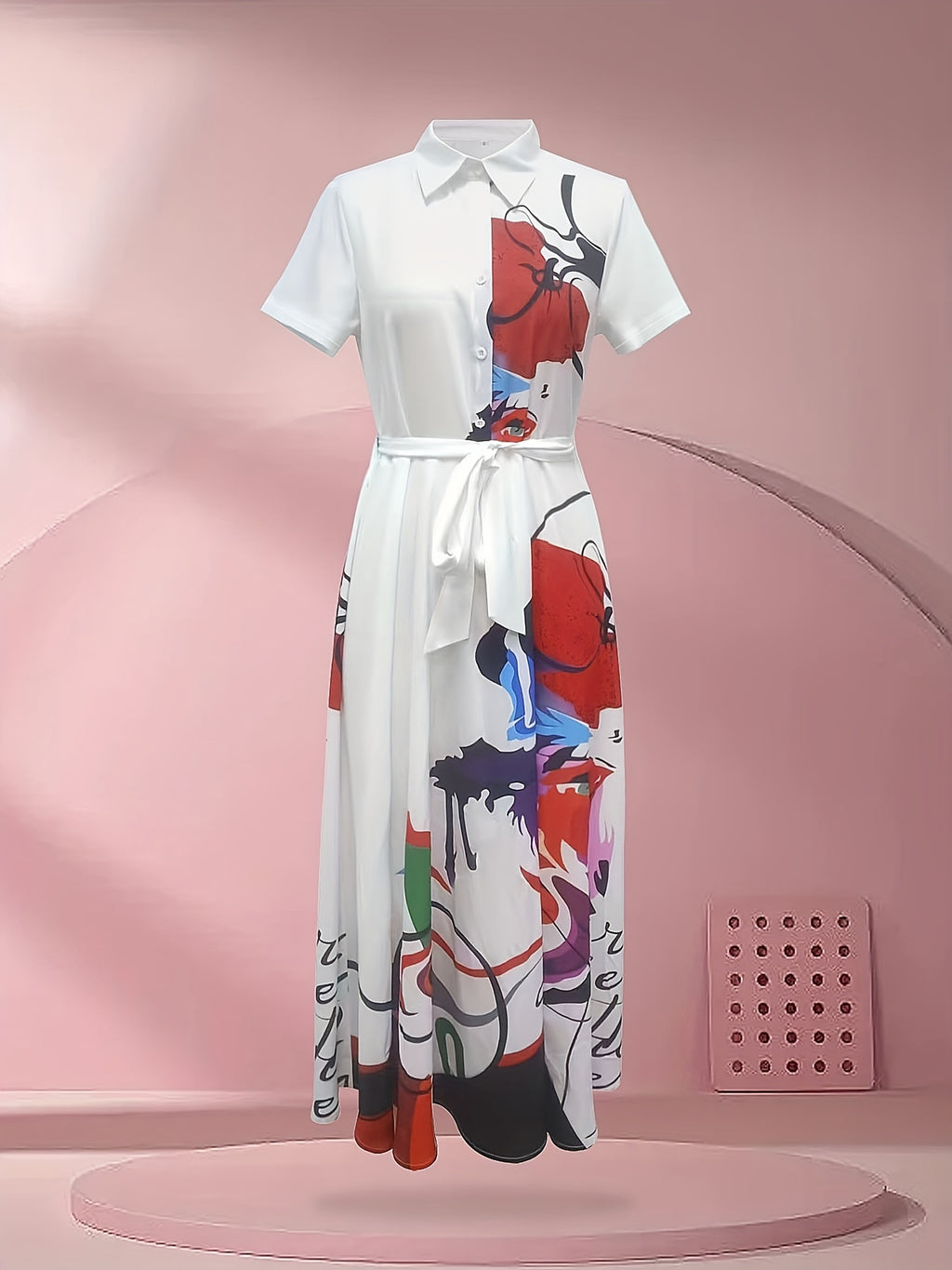 Charming Floral Print Dress - Stylish Button Front, Short Sleeve Collar Design