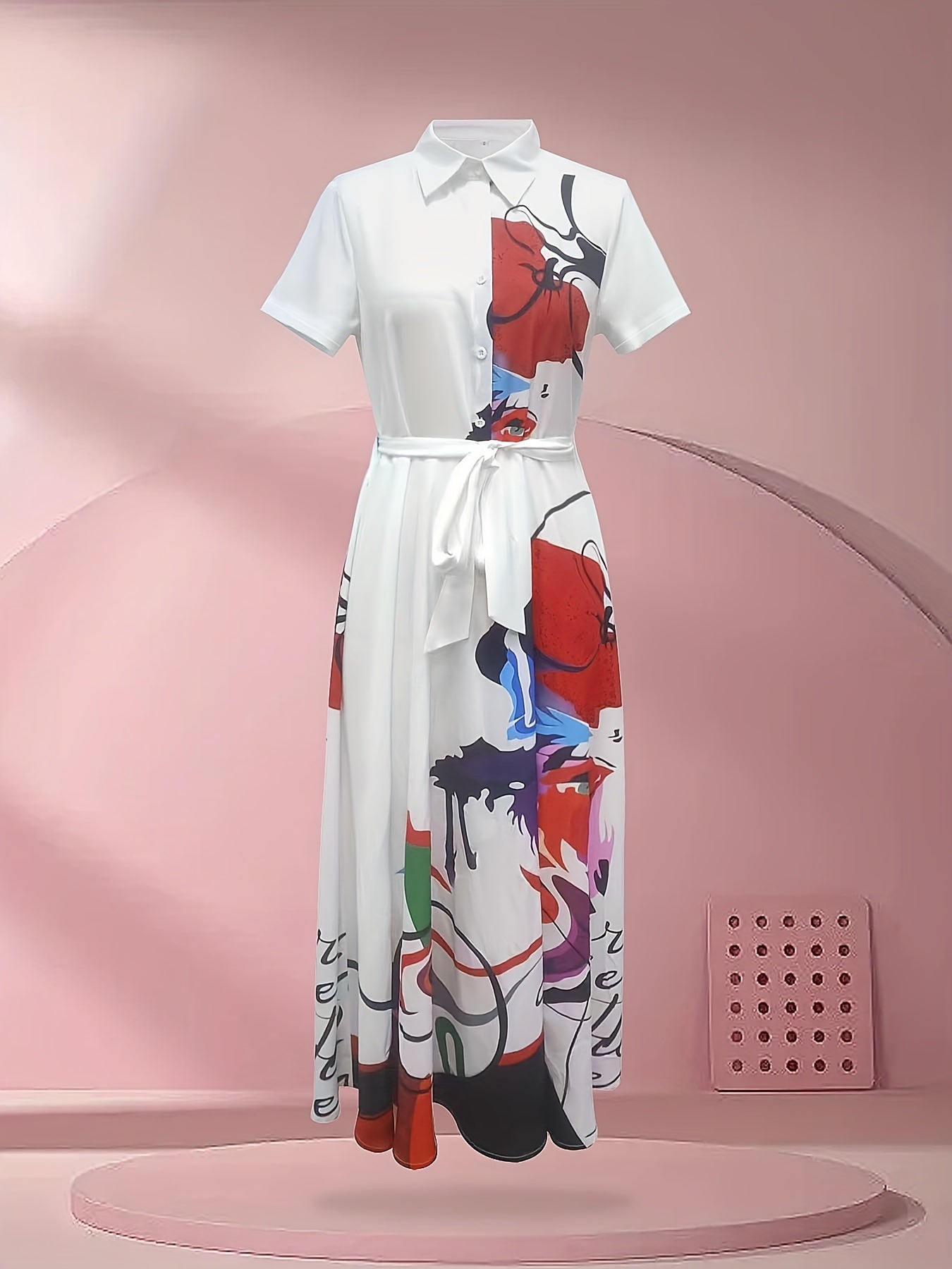 Charming Floral Print Dress - Stylish Button Front, Short Sleeve Collar Design