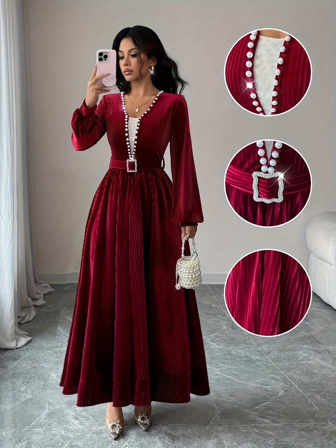 Burgundy Velvet Pearl Dress, Christmas Day, Fall-Winter