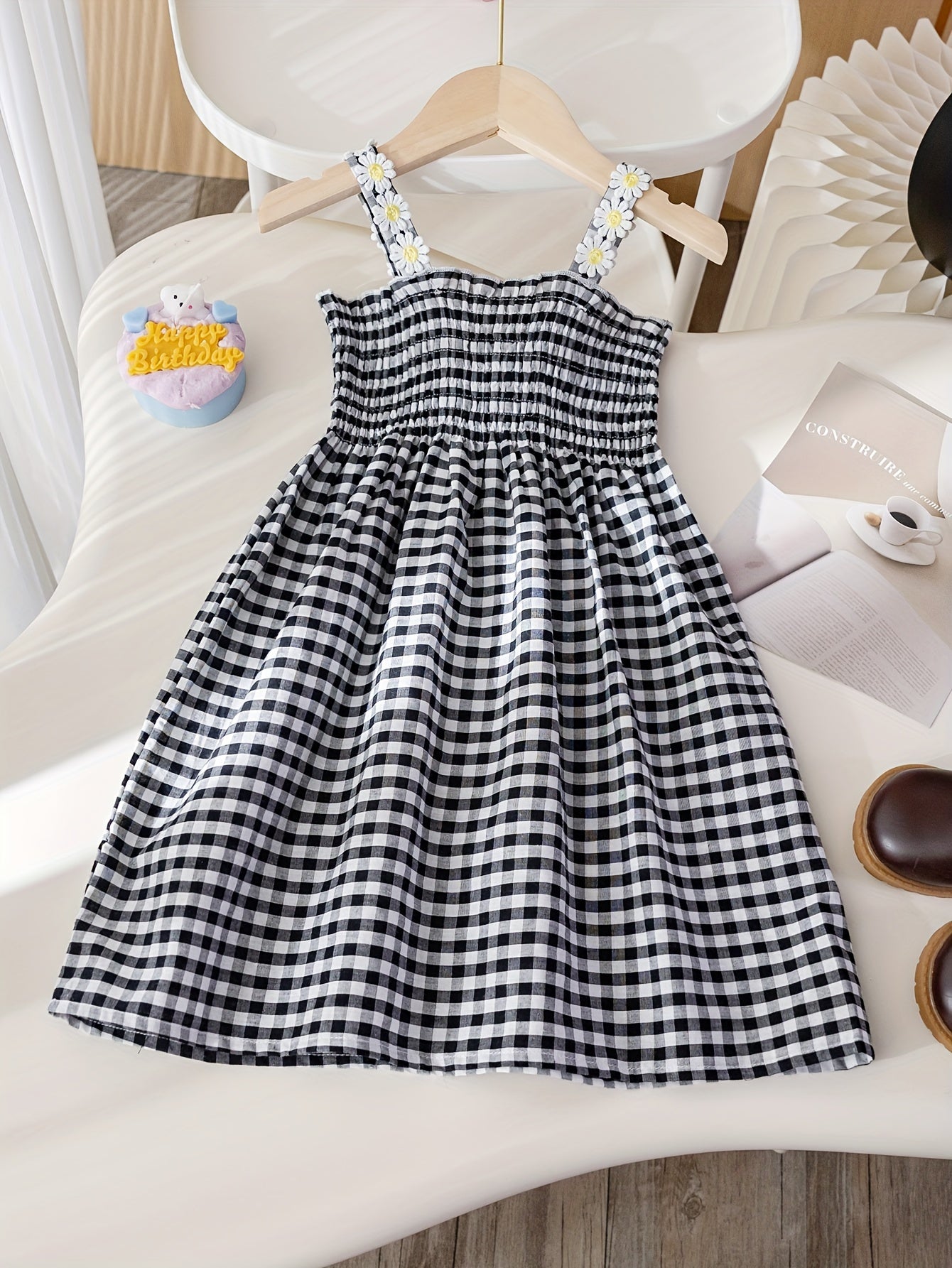 Girls' New Summer Daisy Plaid Casual Dress
