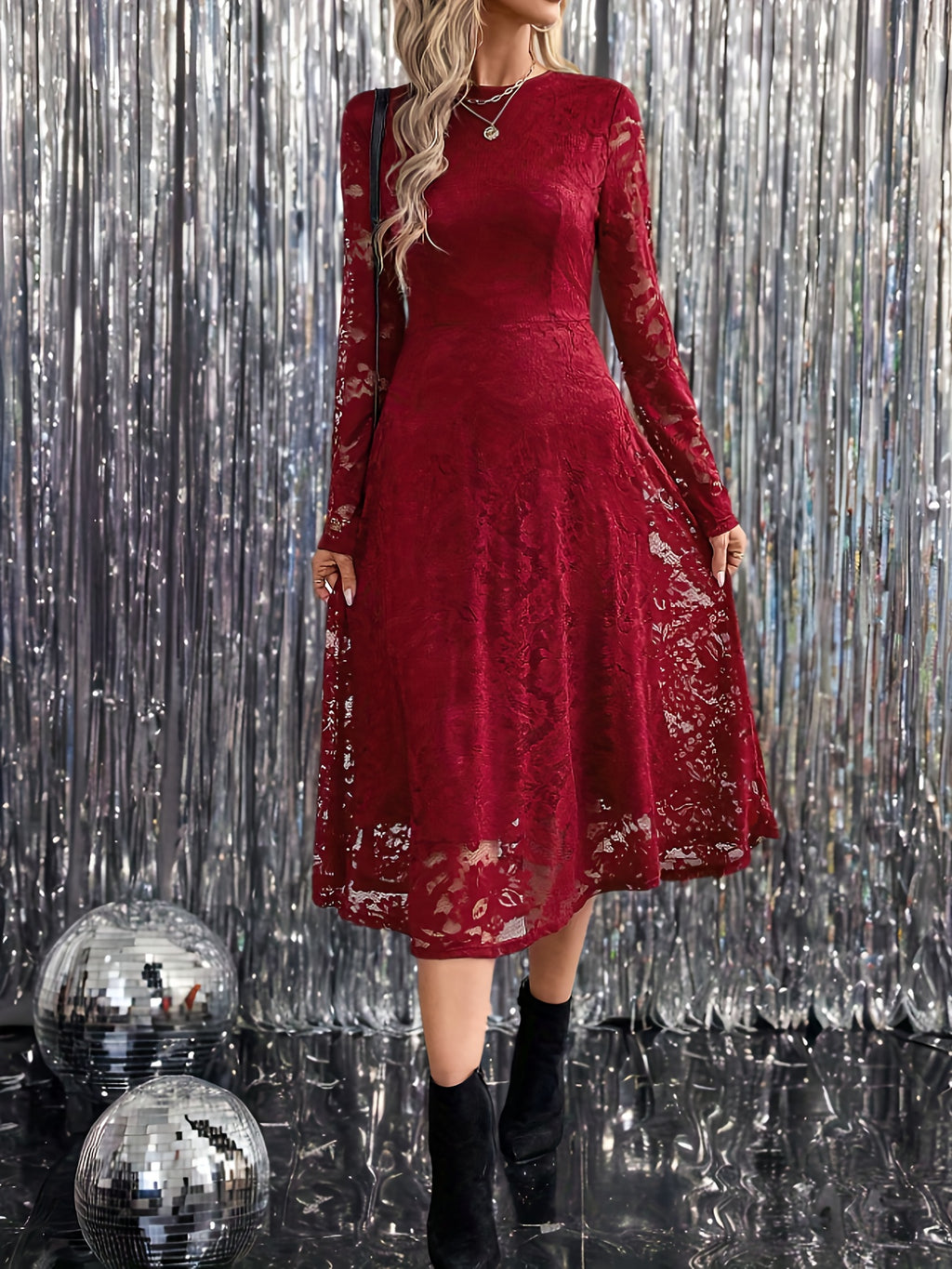 Elegant Burgundy Long-Sleeve Mid-Length Dress - Slim-Fit Party Dress for Fall/Christmas