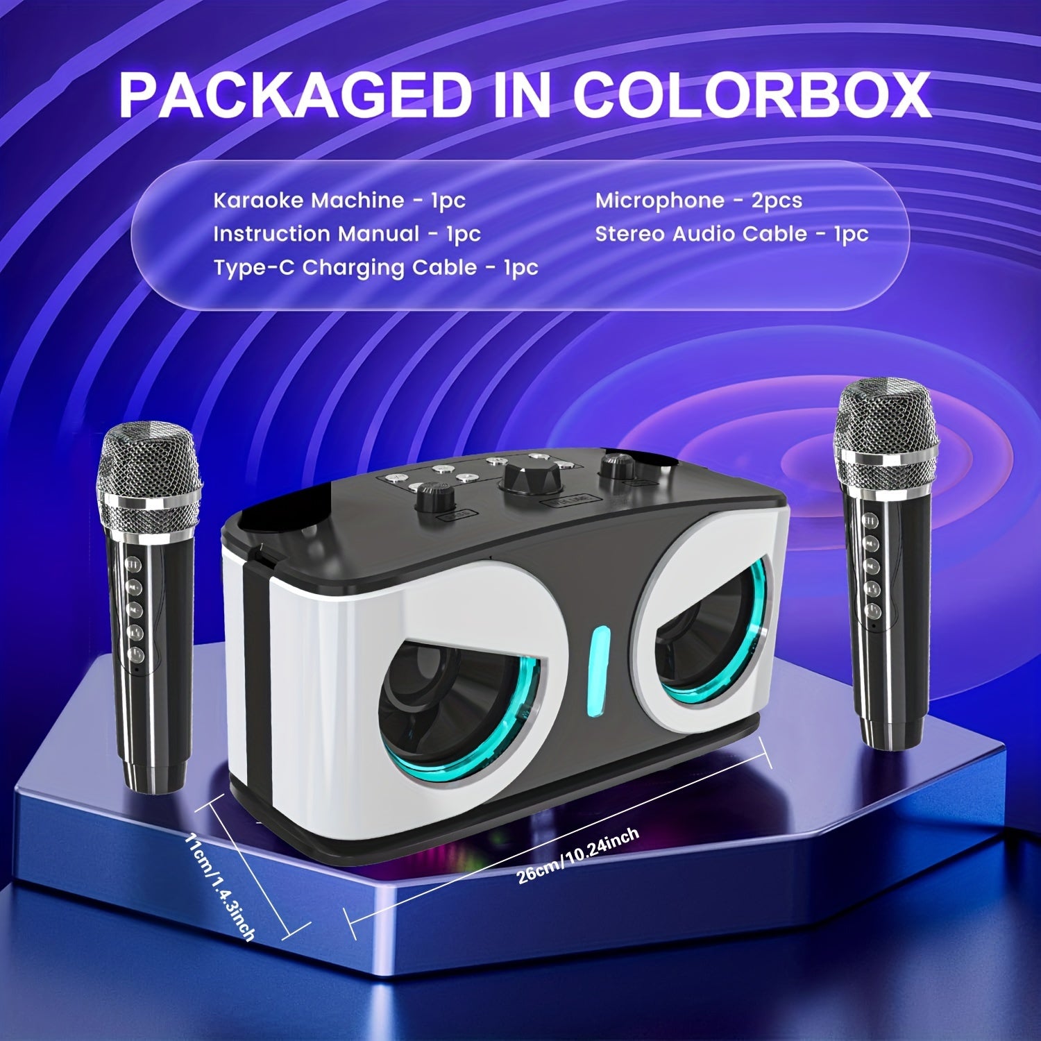 Dual-microphone portable wireless speaker with built-in RGB lights, supporting wireless AUX
