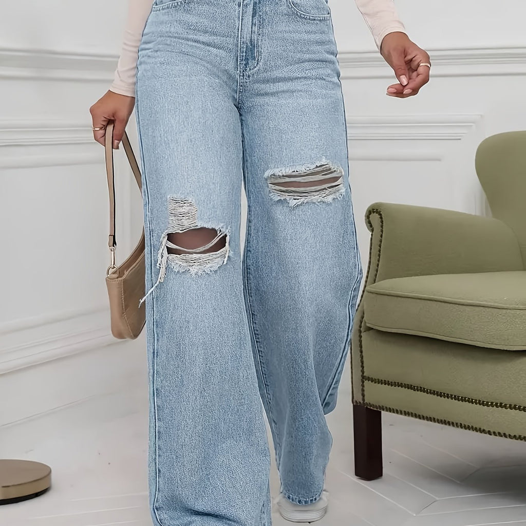 Women's Plus Size High-Waisted Stretch Pants with Distressed Knee Rips