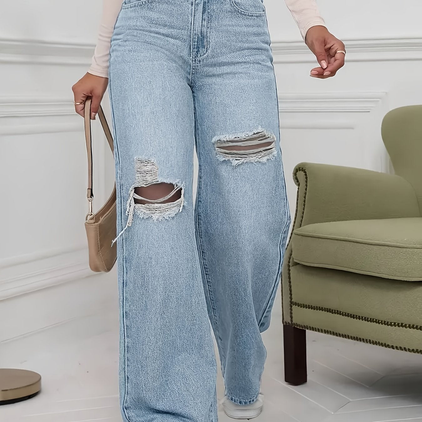 Women's Plus Size High-Waisted Stretch Pants with Distressed Knee Rips