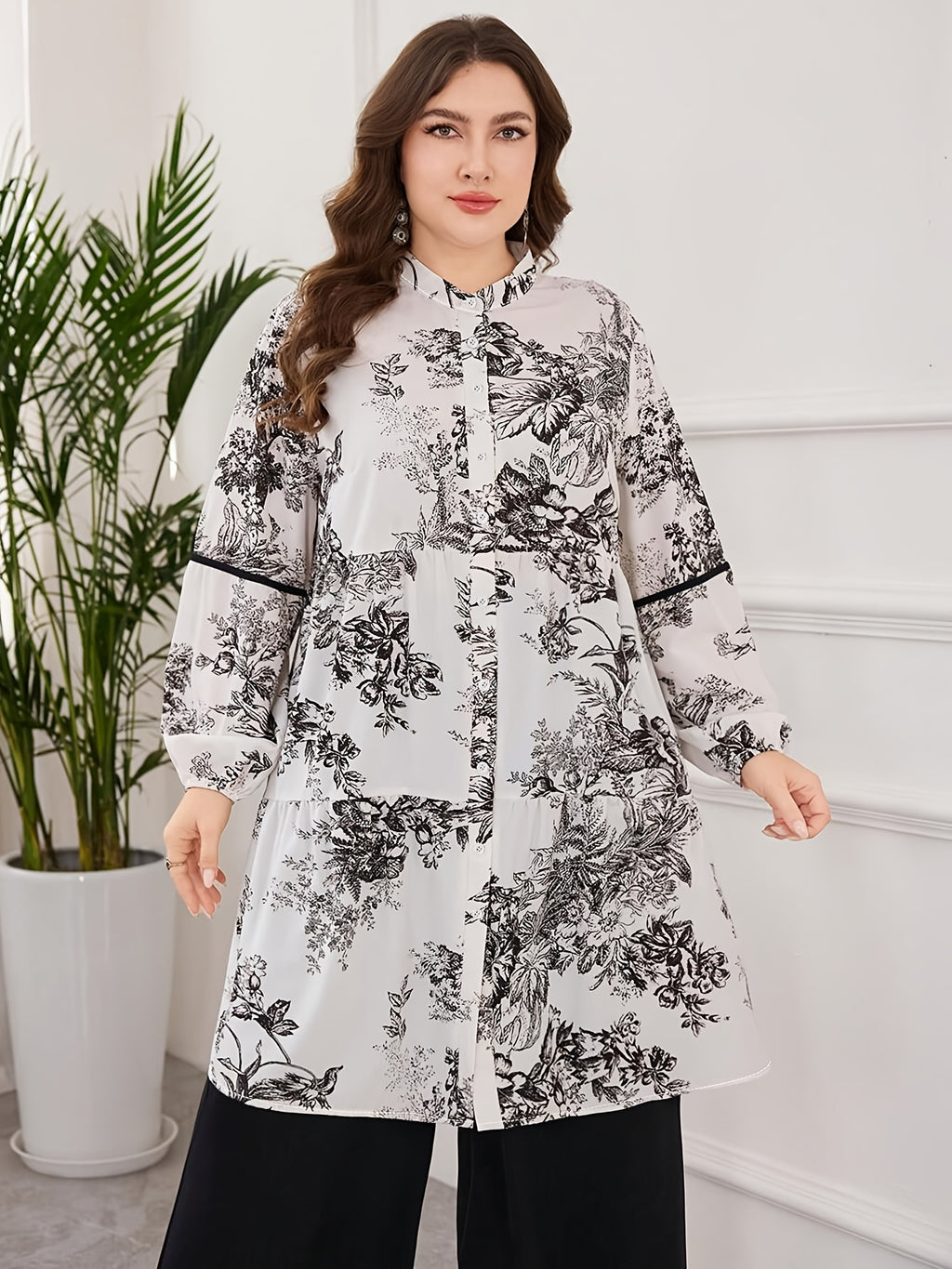 Plus Size 2pcs Set, Fashion Women's Floral Print Shirt Cardigan Top