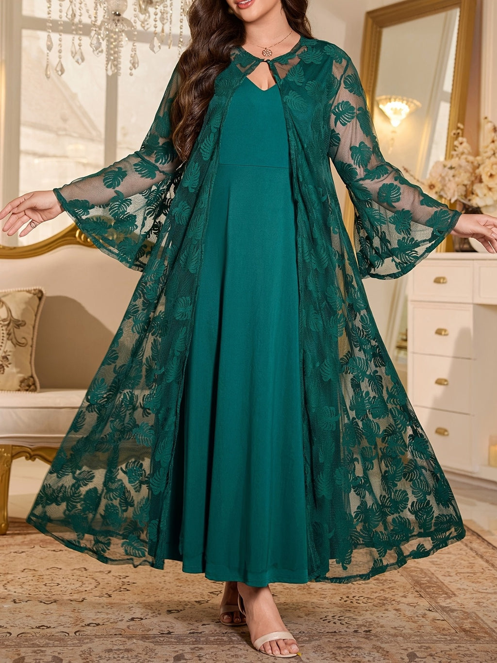 Plus Size - Elegant Round Neck Mesh Embroidery V-Neck Slim Long Dress