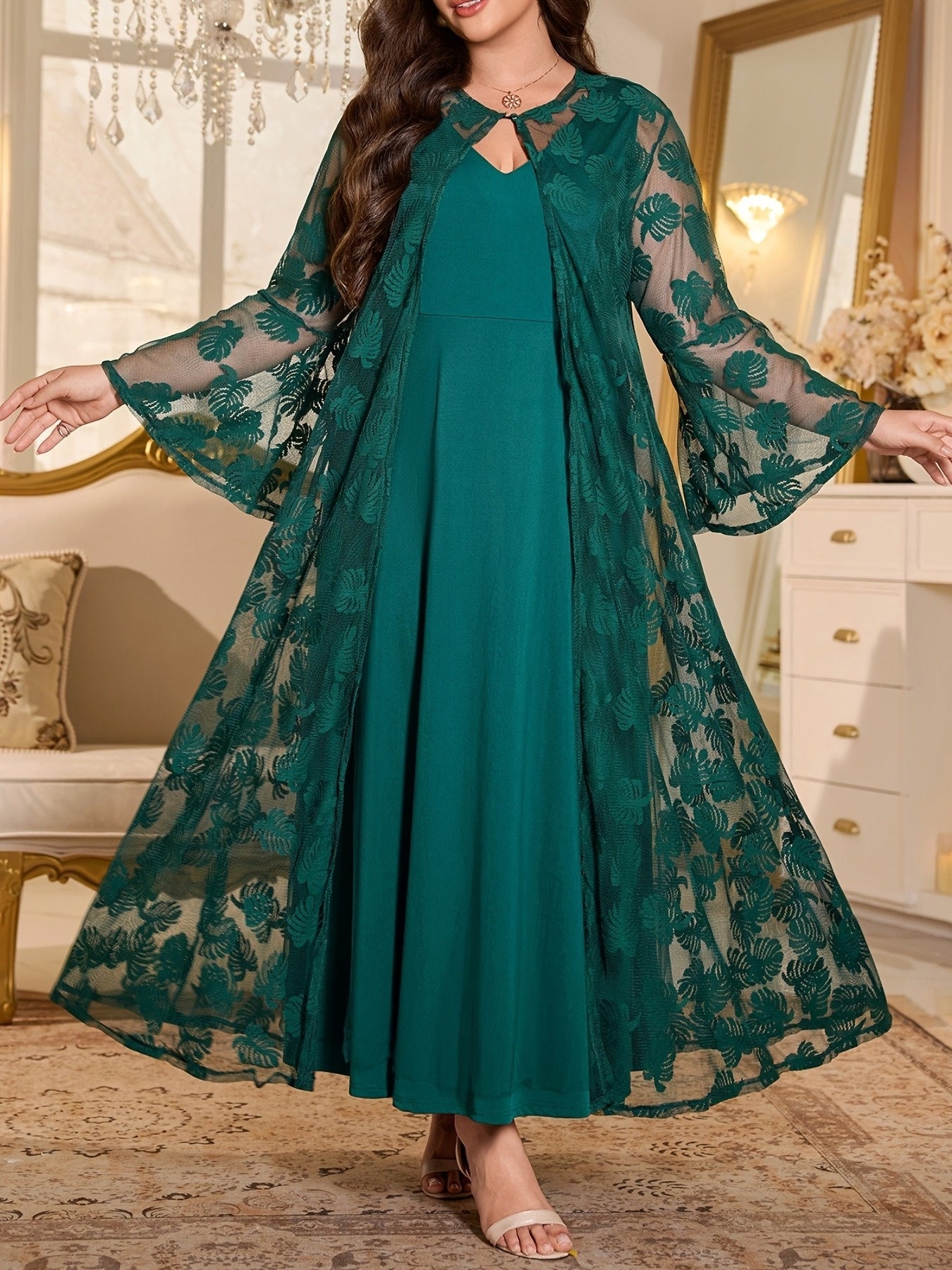 Plus Size - Elegant Round Neck Mesh Embroidery V-Neck Slim Long Dress