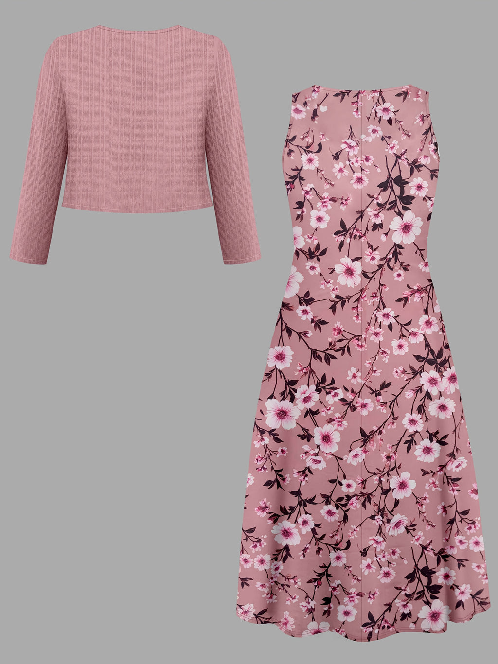 A two-piece set of solid-color striped small cardigan and floral printed dress for fashionable women