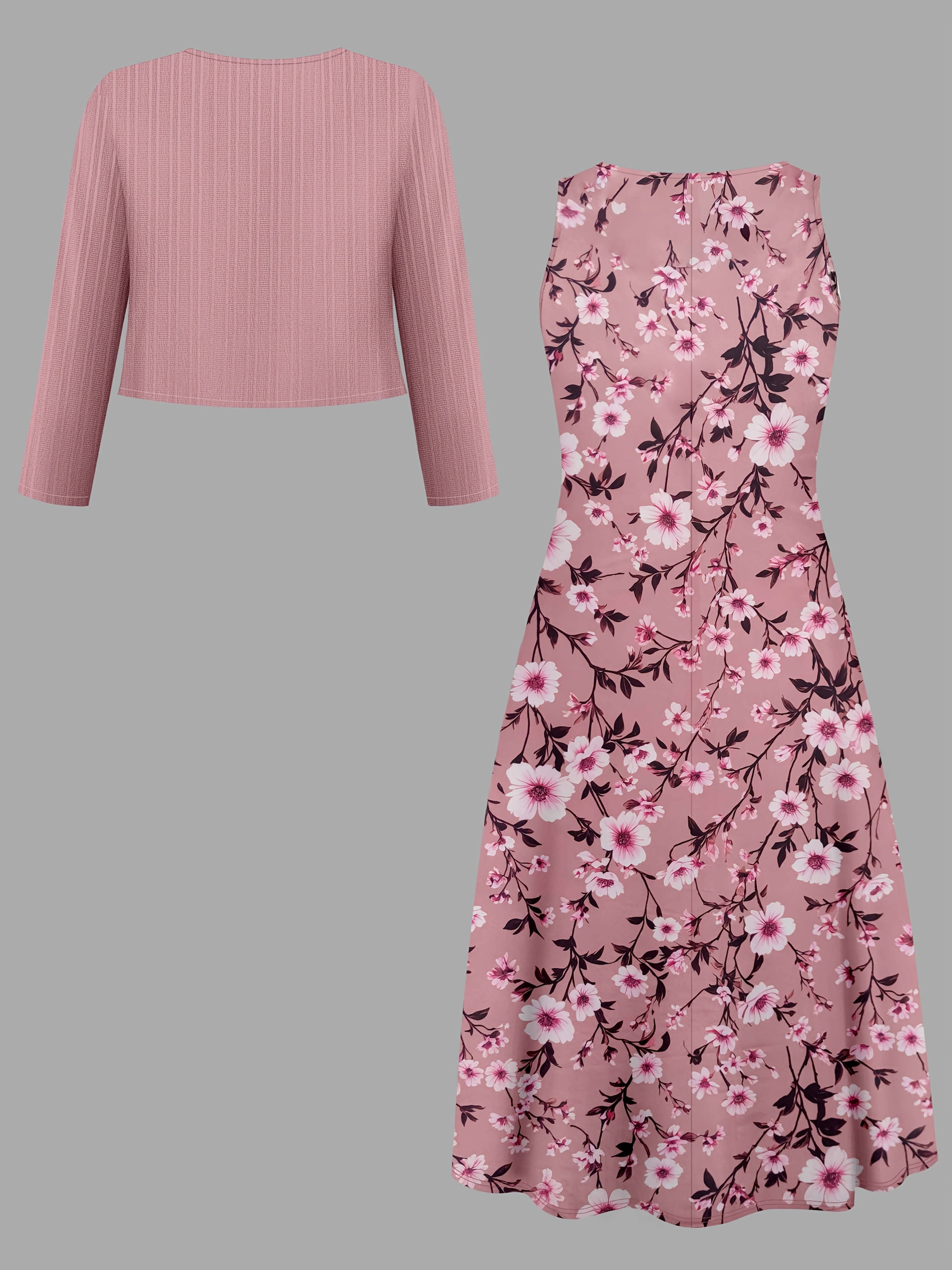 A two-piece set of solid-color striped small cardigan and floral printed dress for fashionable women