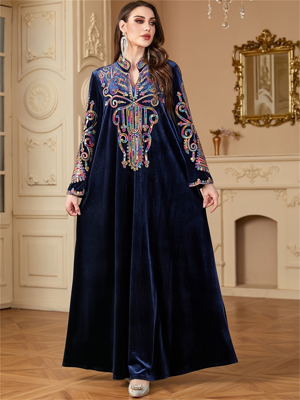 Women's Golden Velvet Abaya Kaftan - Floral Embroidery with Sequins, Long Sleeve Modest Dress