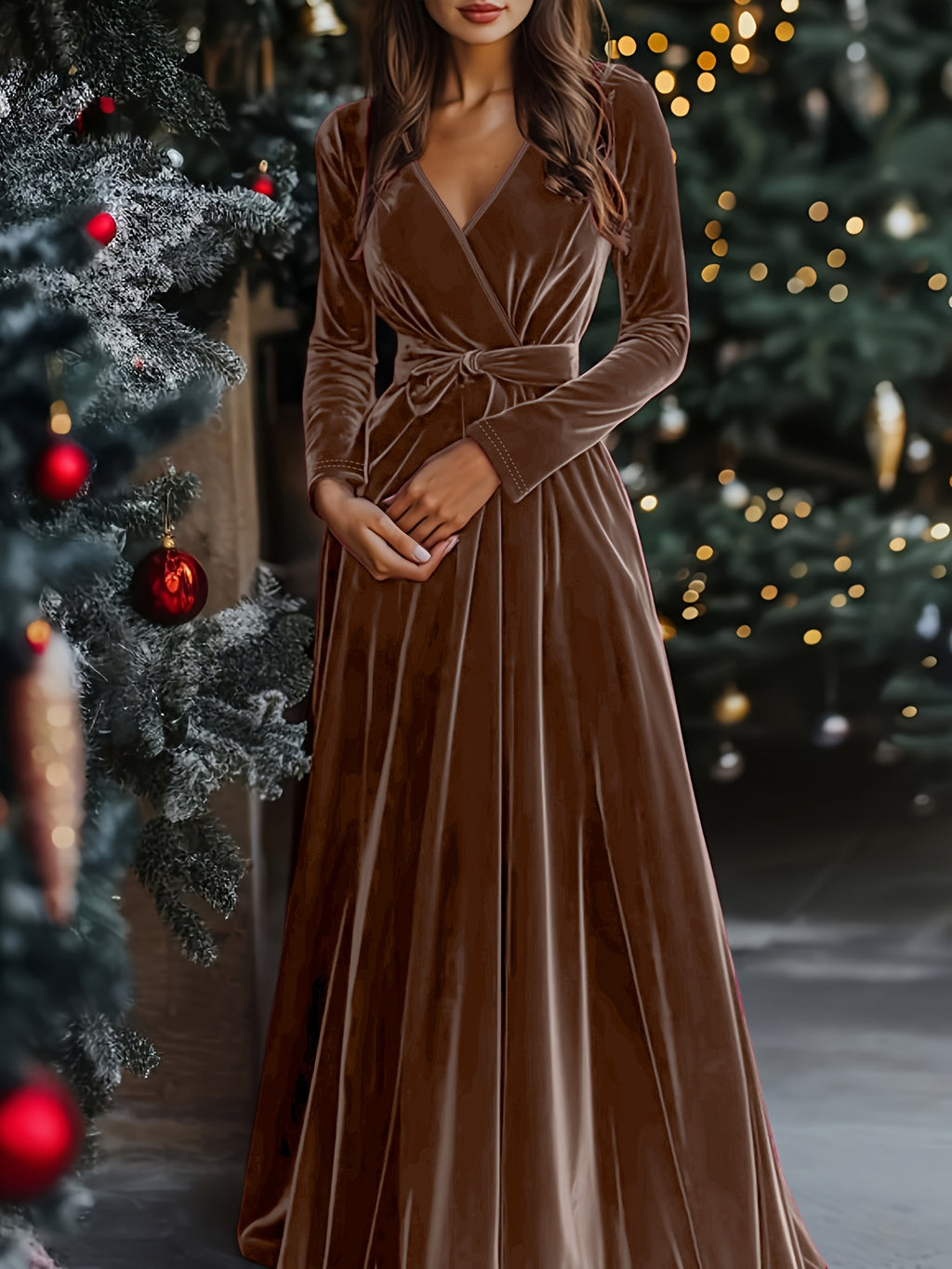 Women's Elegant Long Vintage V-Neck Dress with Belted Bow Christmas Day and all Party