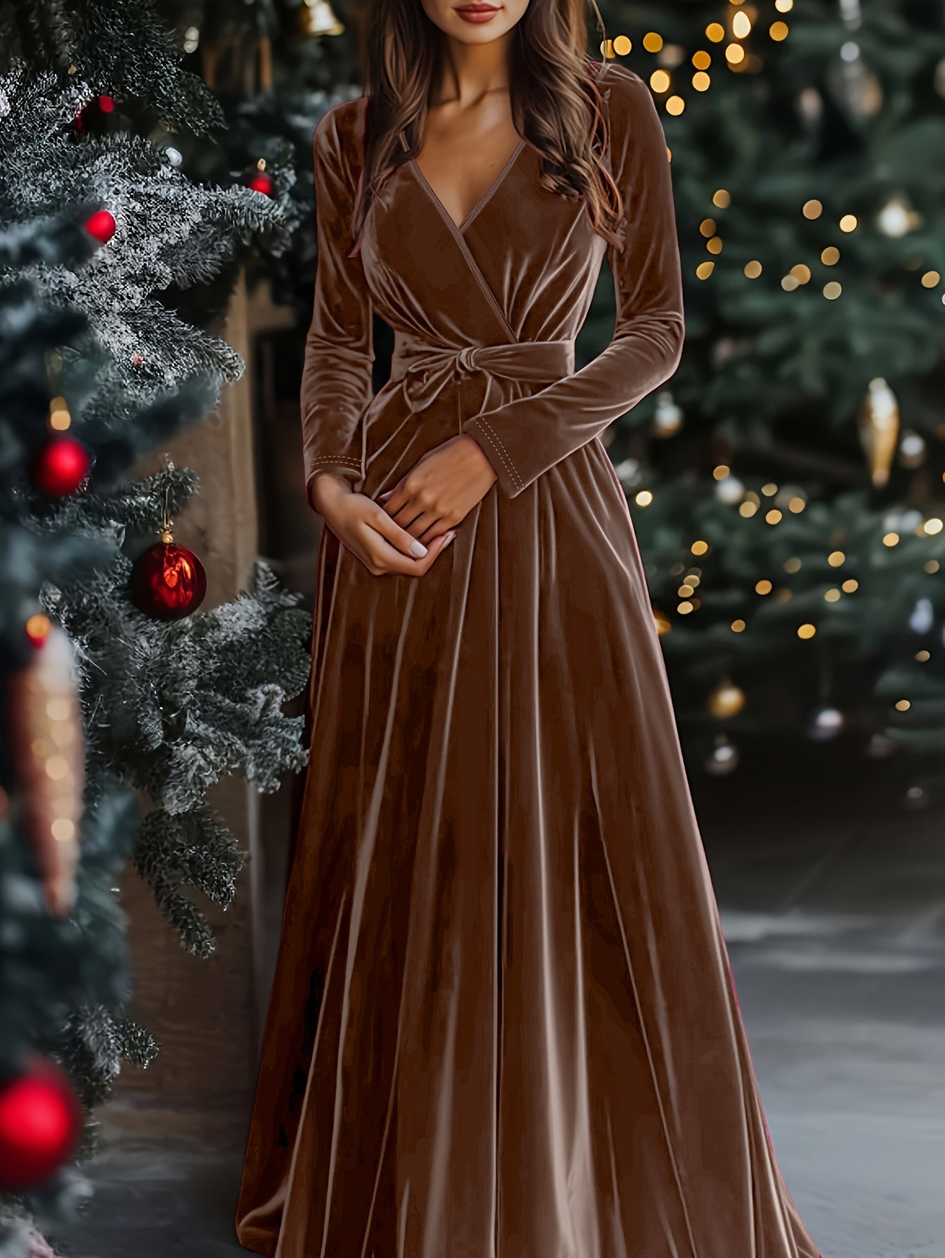 Women's Elegant Long Vintage V-Neck Dress with Belted Bow Christmas Day and all Party