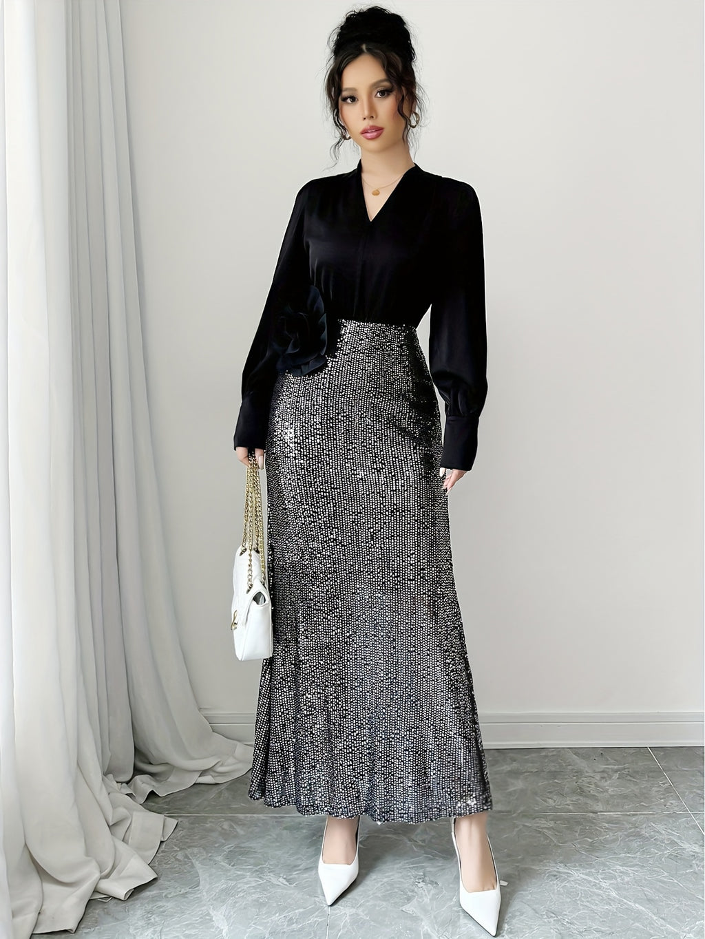 French Elegant V-Neck Sequin 3D Rose Dress - Sparkling Long Sleeve A-Line Evening Gown