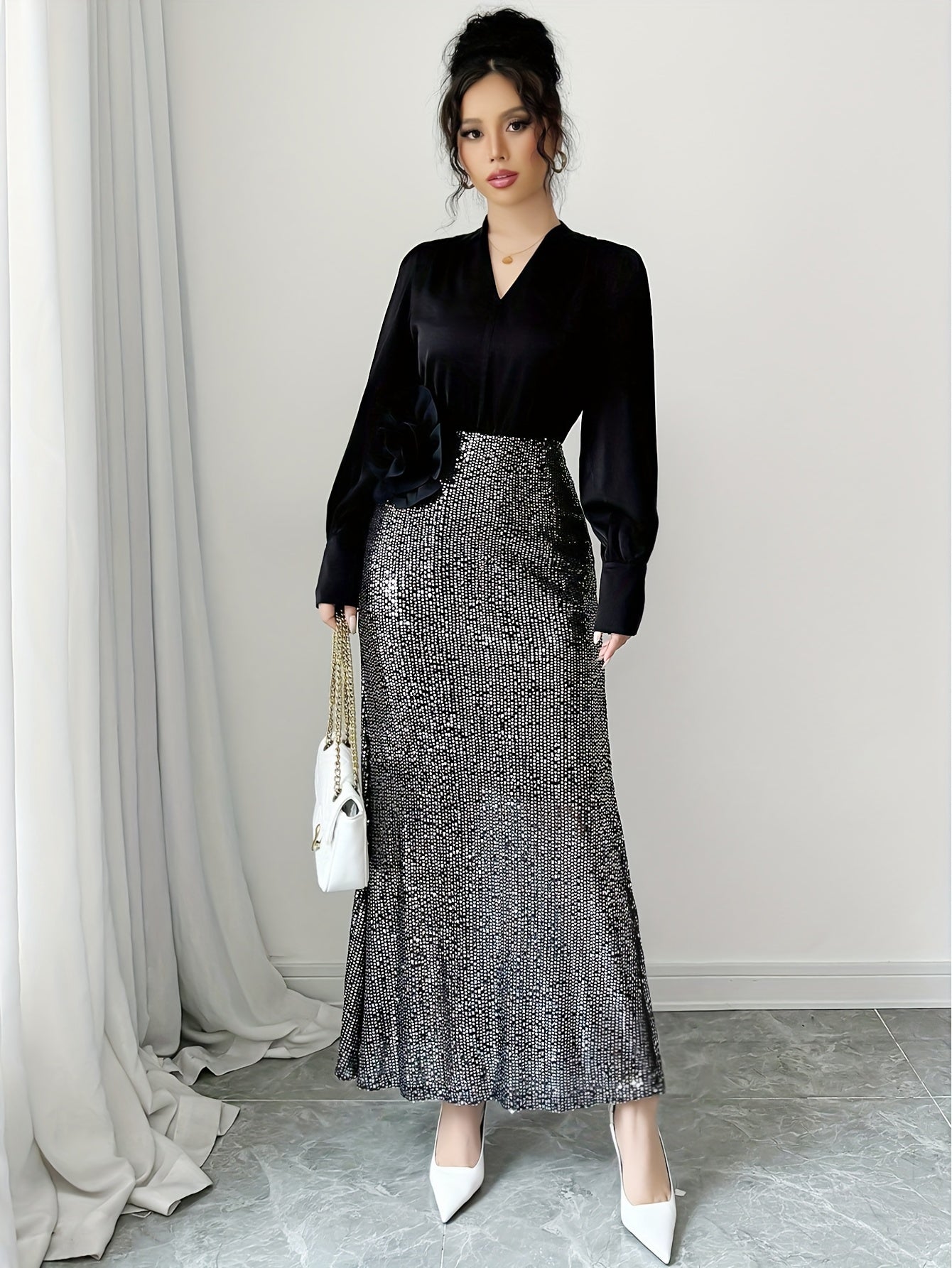 French Elegant V-Neck Sequin 3D Rose Dress - Sparkling Long Sleeve A-Line Evening Gown