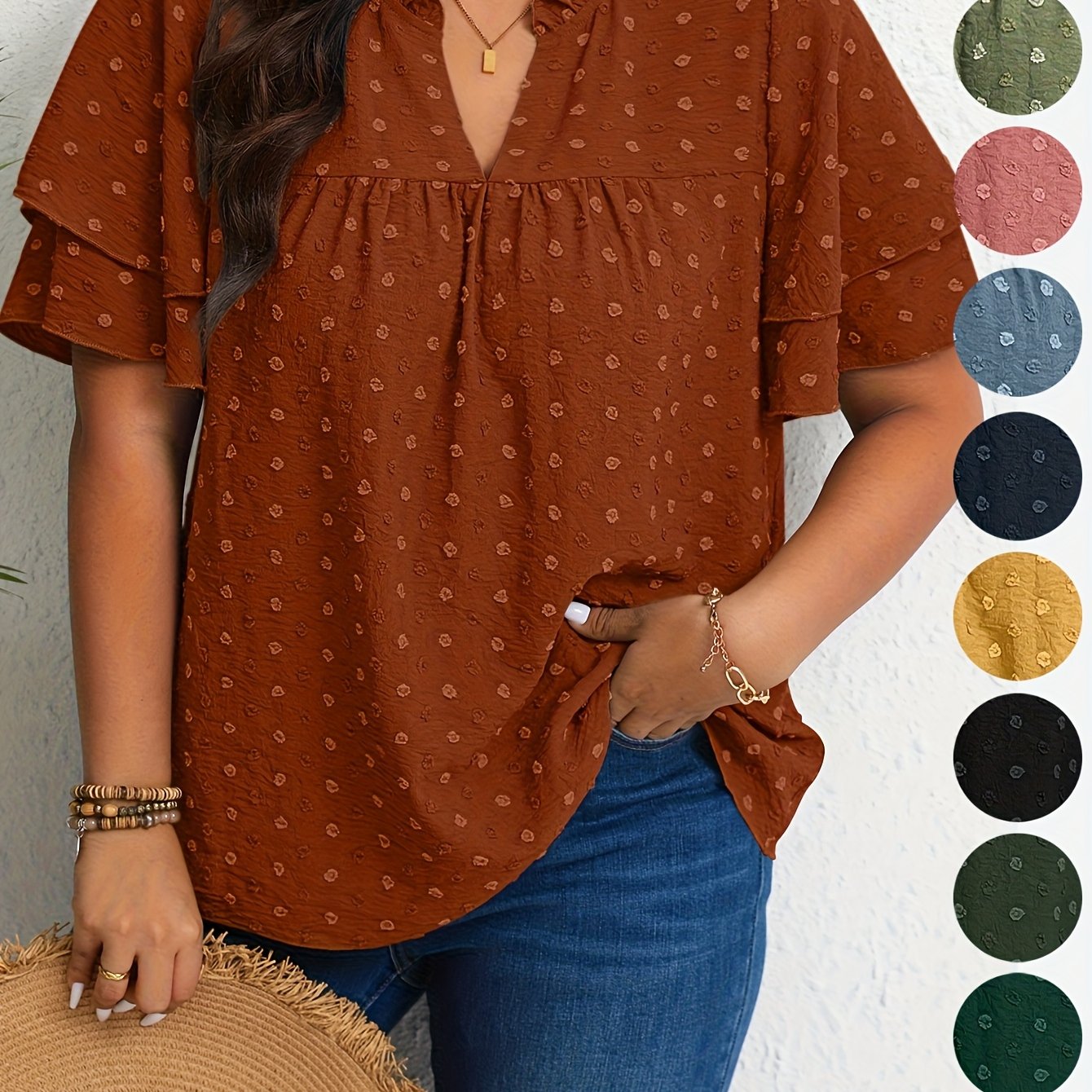 Plus Size Women's Casual V-Neck Blouse with Ruffled Short Sleeves
