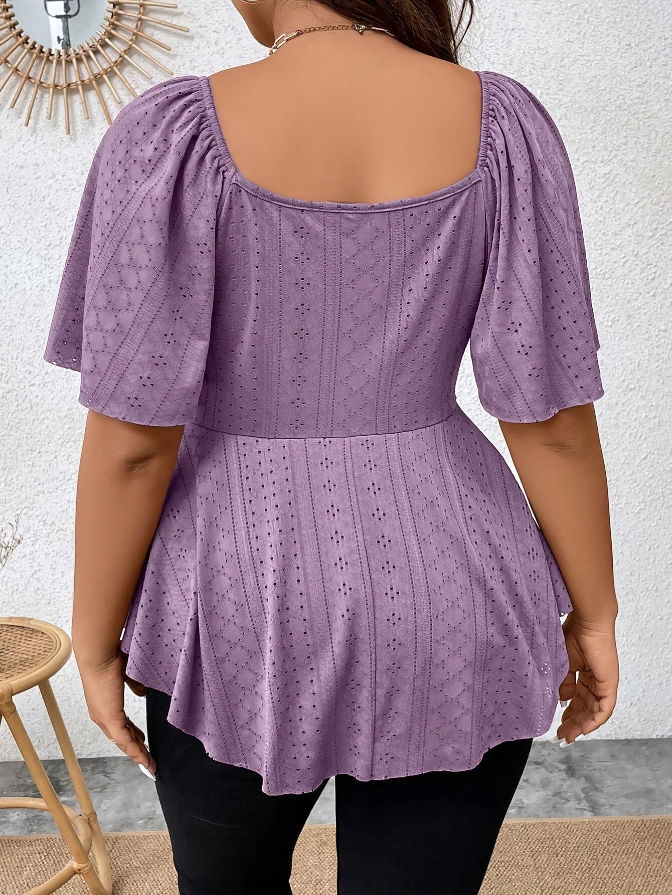 Stylish Plus Size Solid Eyelet Cutout Twist T-shirt