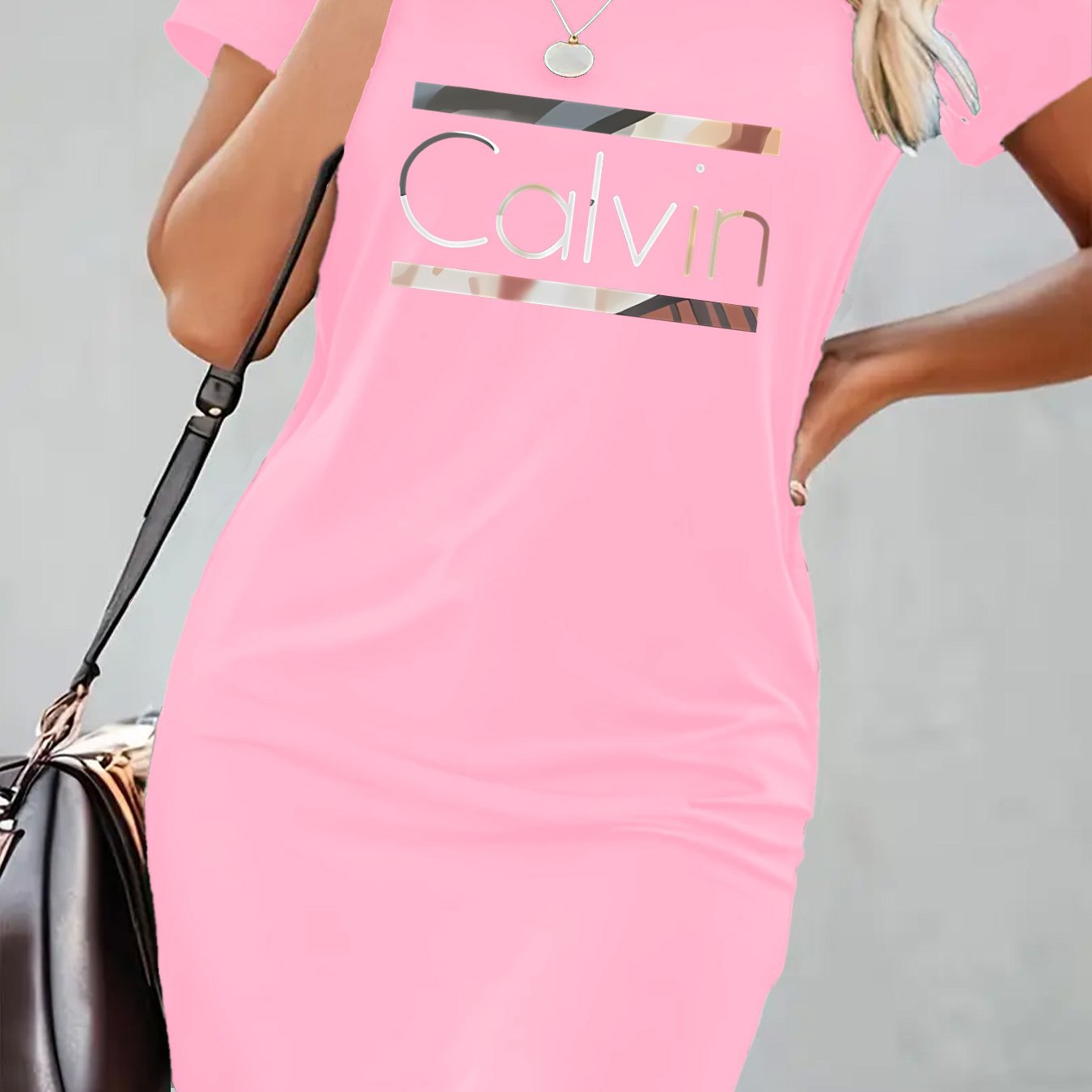 Calvin Art Print Bodycon Dress - Stylish Black, Slim-Fit, Stretchy Polyester Blend, Round Neck, Knee-Length, Perfect for Spring/Summer, Spring
