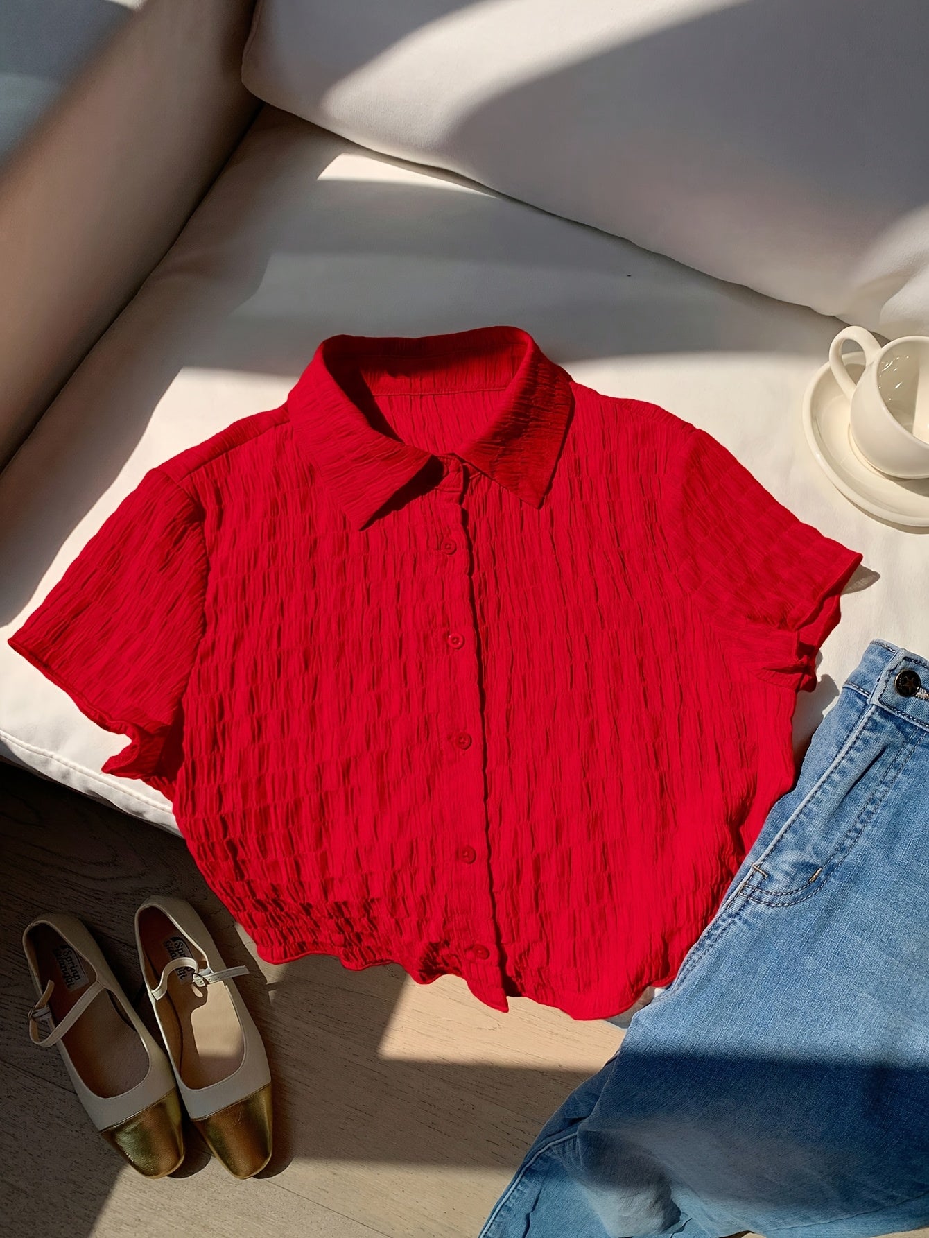 Women's Elegant Solid Red Open Collar Short Sleeve Shirt