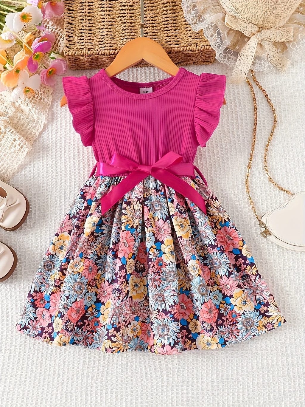 Girls' Floral Print Ruffled Sleeve Dress with Ribbon Belt