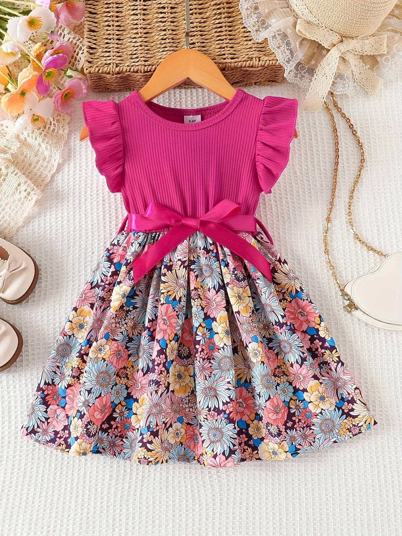 Girls' Floral Print Ruffled Sleeve Dress with Ribbon Belt
