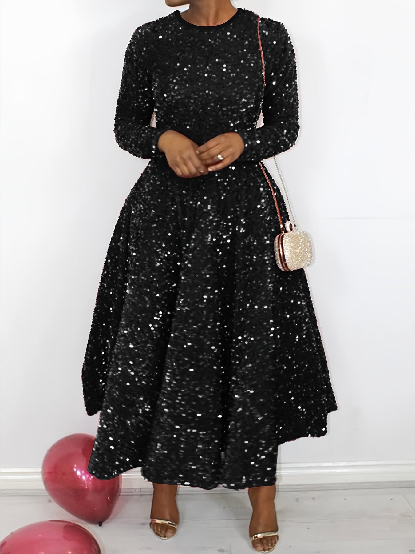 Women's Red Long Dress with a Round Neck, Perfect for Christmas Parties And New Year Celebrations