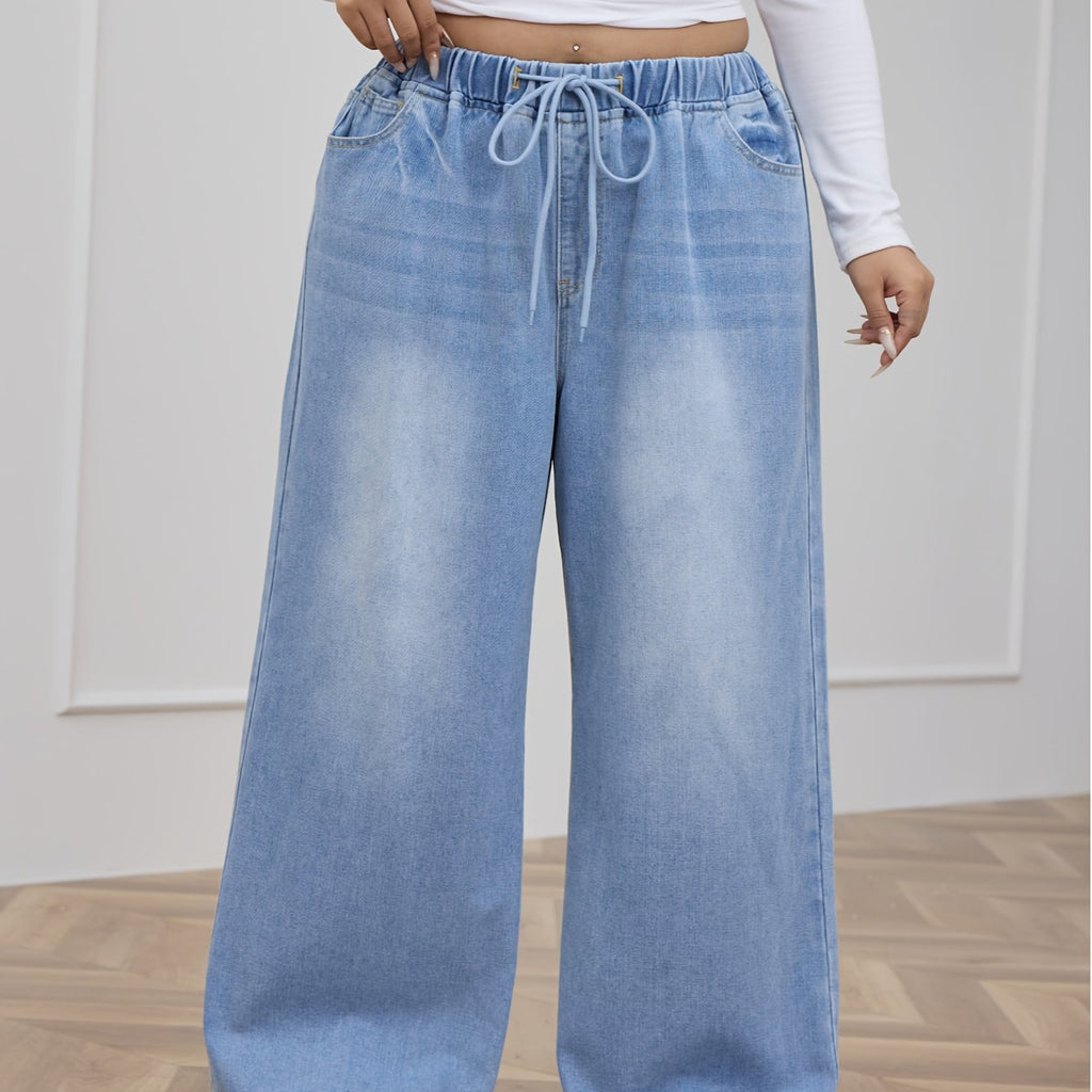 Plus Size Women's Straight-Leg Jeans - Elegant X-Line Relaxed Fit with Drawstring Waist & No Belt Loops