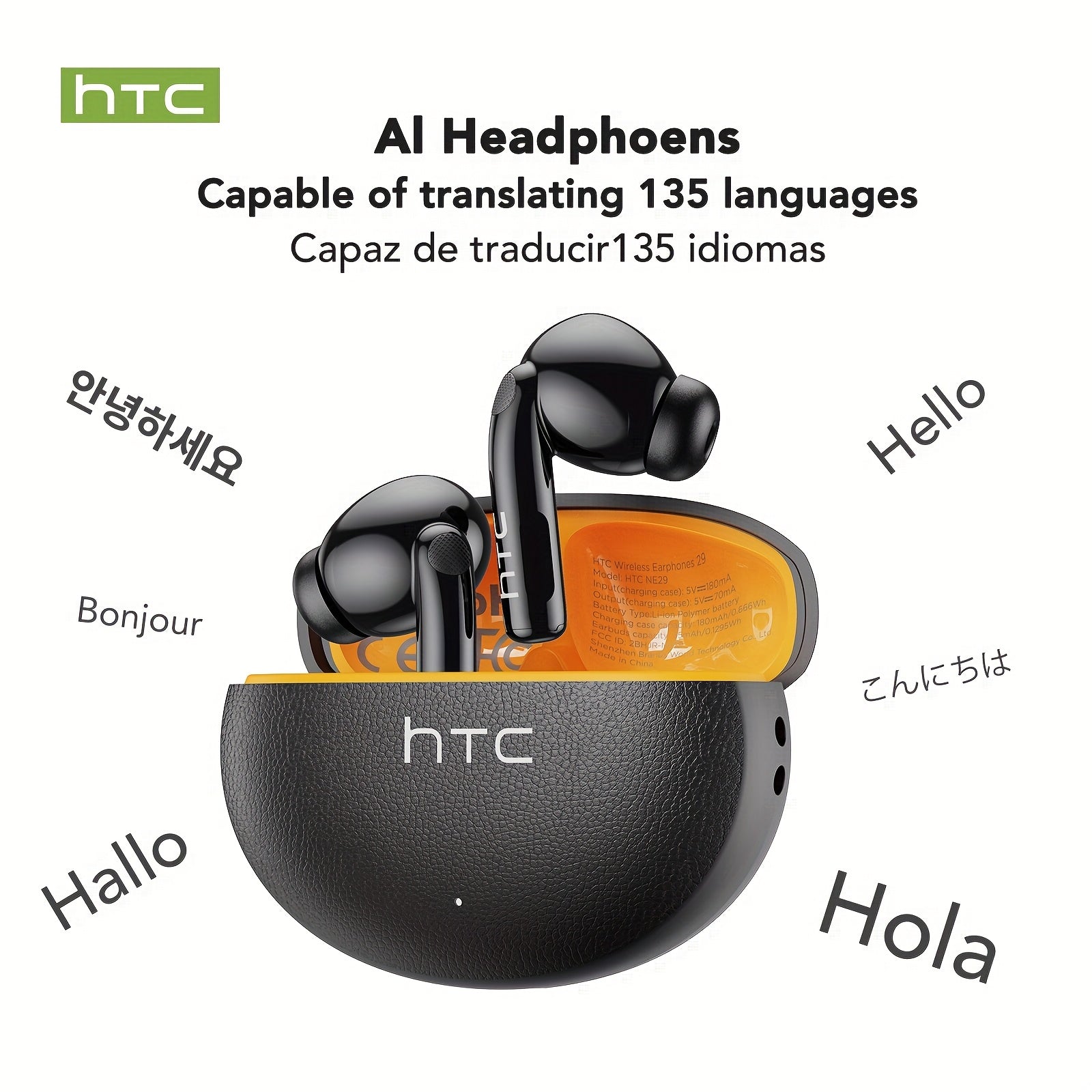 HTC NE29 TWS Wireless Translation Earbuds, Face-to-Face Multi-Language Translation, ANC Noise Cancellation