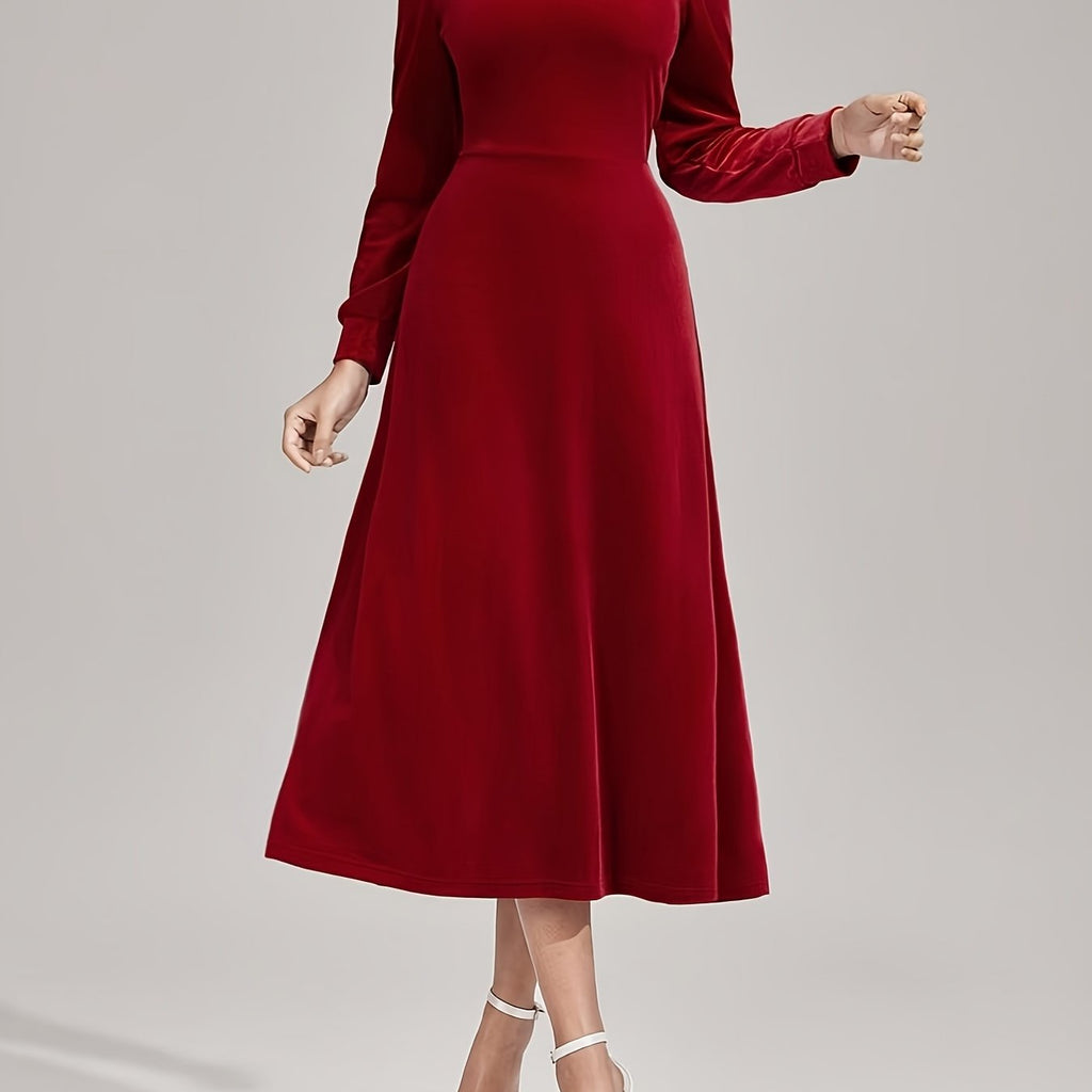 Women's Elegant Burgundy Velvet Long Sleeve A-Line Evening Gown with Adjustable Waist for ChristmasLuxury Wedding Guest Attire