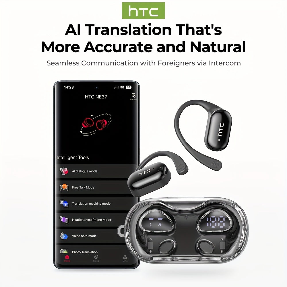 HTC NE37 OWS Wireless AI Translation Earbuds with Multi-Language Support, 6.0 Low Latency HIFI Sound Quality