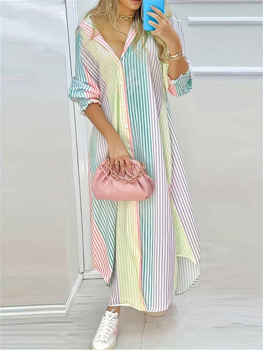 Women's Elegant Rainbow Striped Long Sleeve Shirt Dress