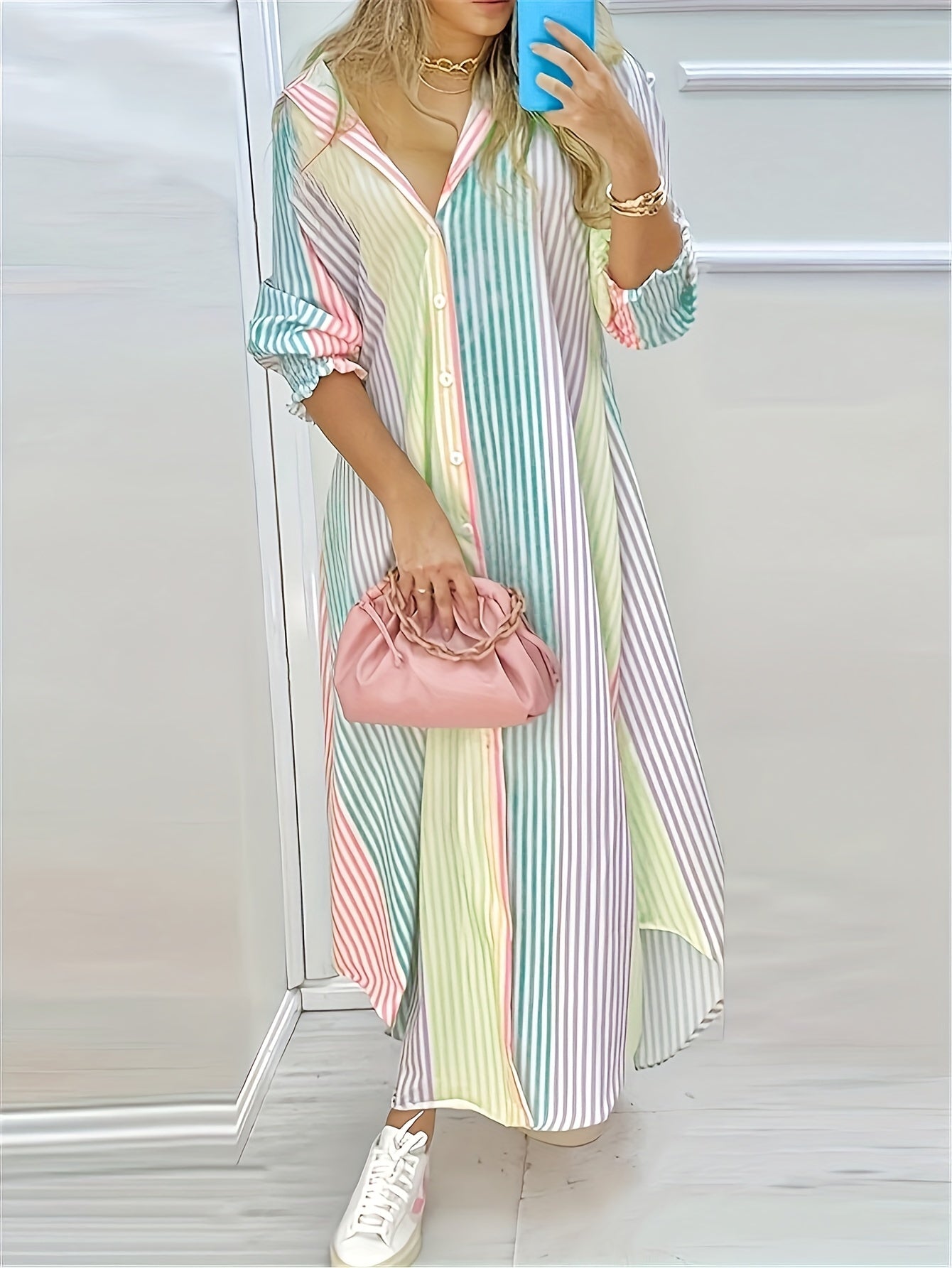 Women's Elegant Rainbow Striped Long Sleeve Shirt Dress