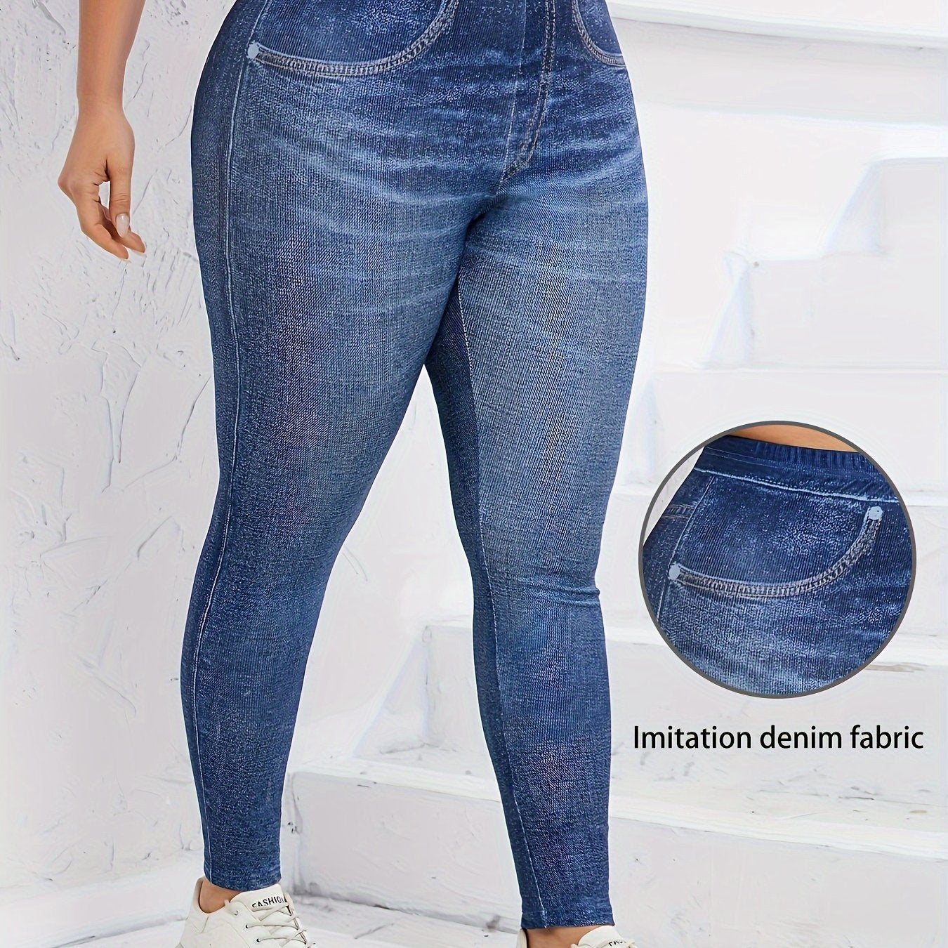Plus Size Faux Denim Leggings - Ultra-Comfy High Waist Stretchy Design