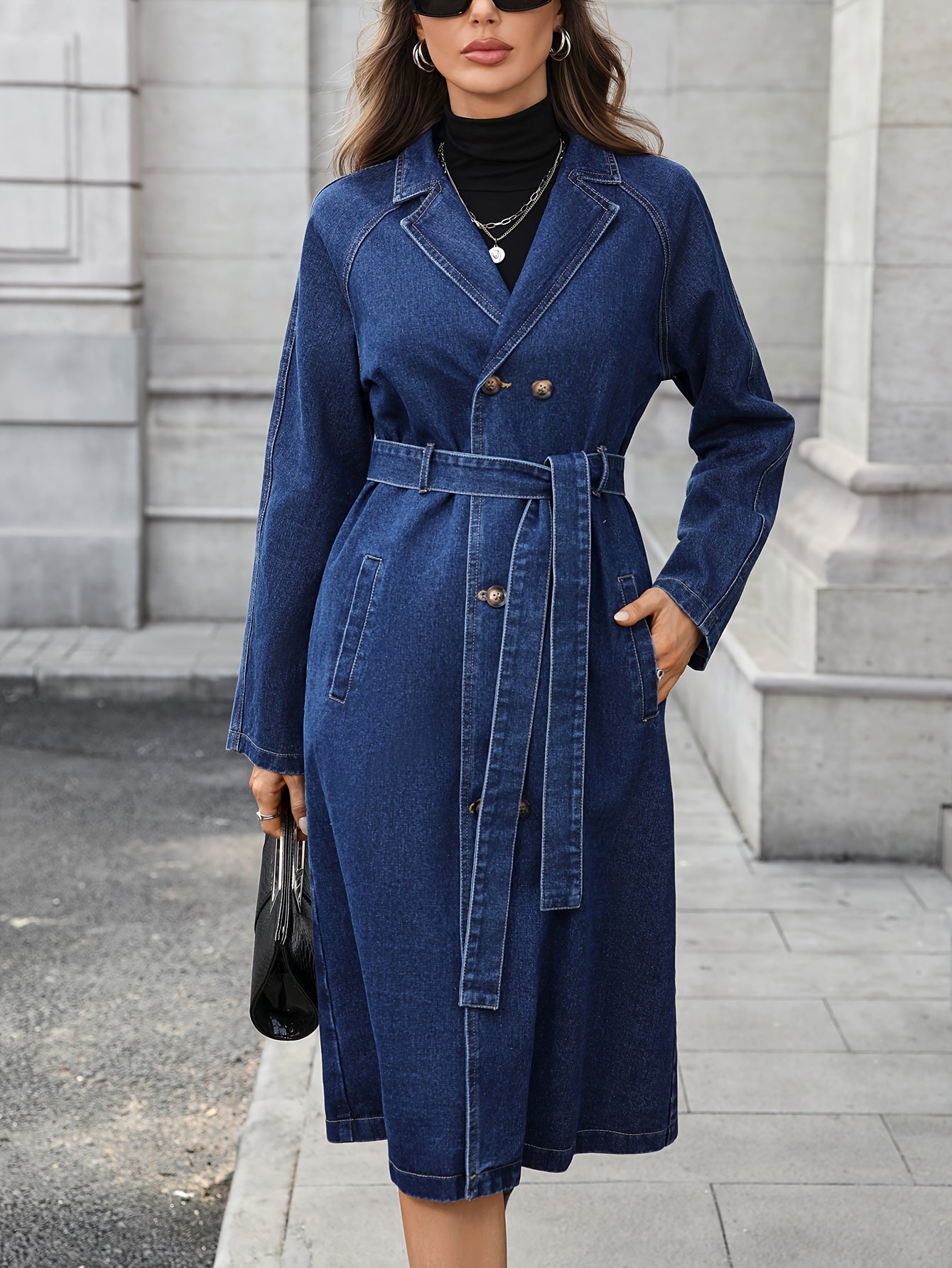 Morin Women's Long Denim Jacket - Elegant Fall/Winter Coat with Belted Waist