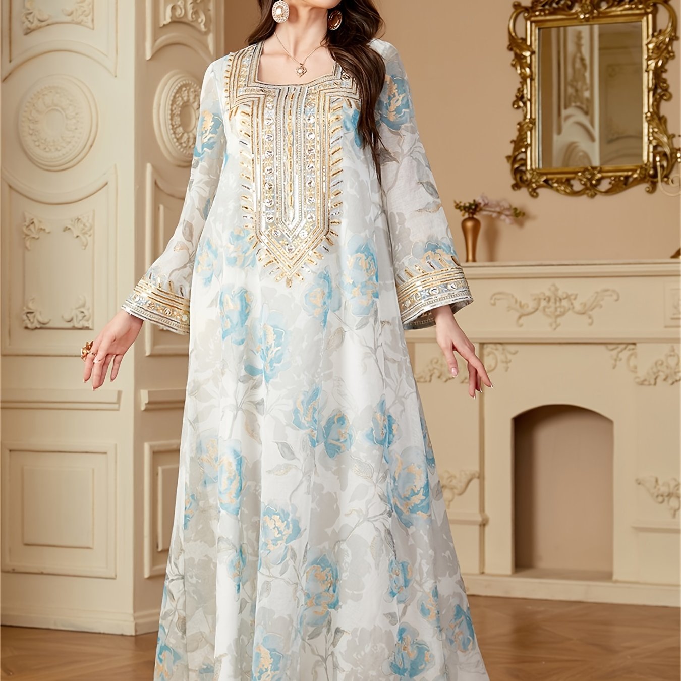 Floral Print Abaya Sequins Patchwork Loose Kaftan Elegant Dresses